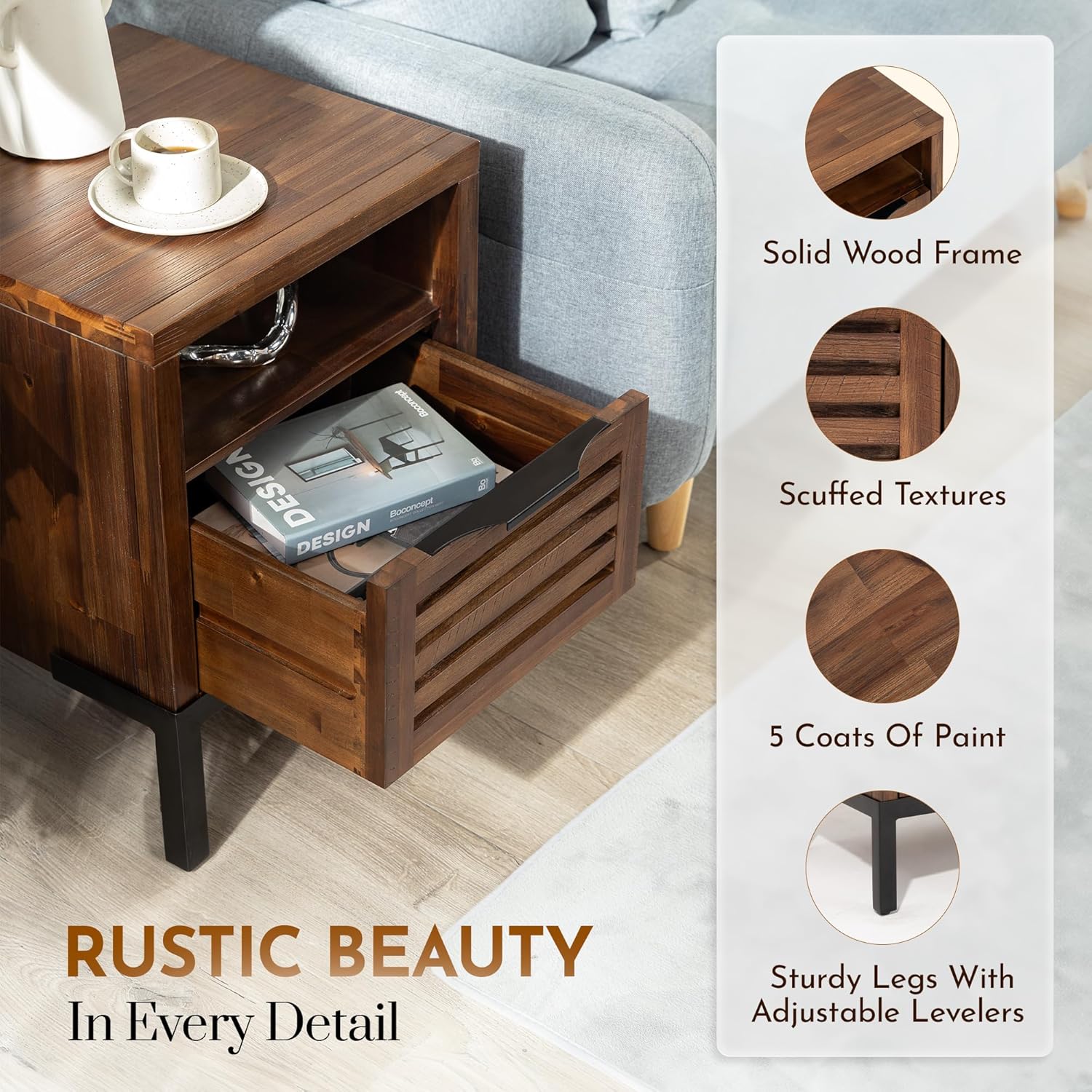 Bme Millie Solid Acacia Wood Rustic Nightstand with Drawers & Open Shelf, Pre-Assembled Industrial Modern Side Table for Living Room, Bedroom
