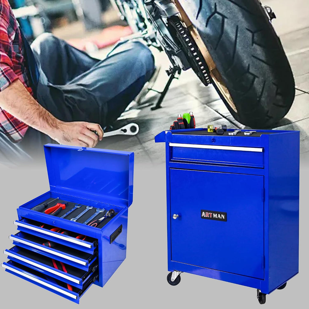 5-Drawer Tool Chest, Rolling Tool Box with Detachable Top Toolbox & Universal Wheels, Tool Cabinet with Lock Bar, Protective Liner & Tool Rack, Metal Storage Cart for Workshop,Garage (Blue)