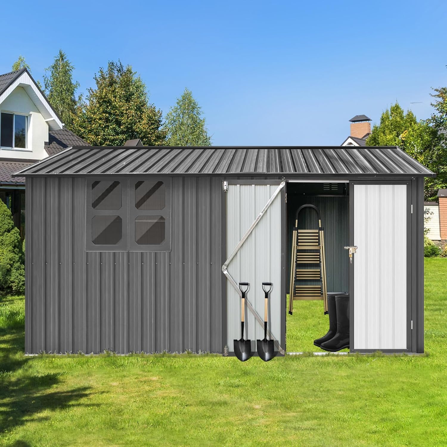10x12 FT Outdoor Storage Shed, Large Metal Garden Shed with 4-pane Window, Outside Tool Shed with Lockable Hinged Doors & 4 Air Vents, Waterproof Storage Building for Backyard, Patio, Lawn, Gray