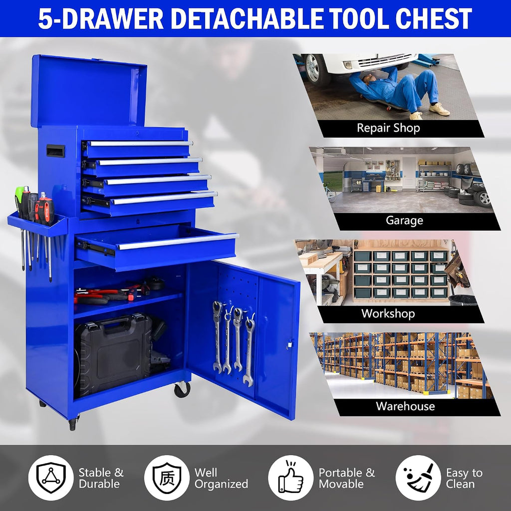 5-Drawer Tool Chest, Rolling Tool Box with Detachable Top Toolbox & Universal Wheels, Tool Cabinet with Lock Bar, Protective Liner & Tool Rack, Metal Storage Cart for Workshop,Garage (Blue)