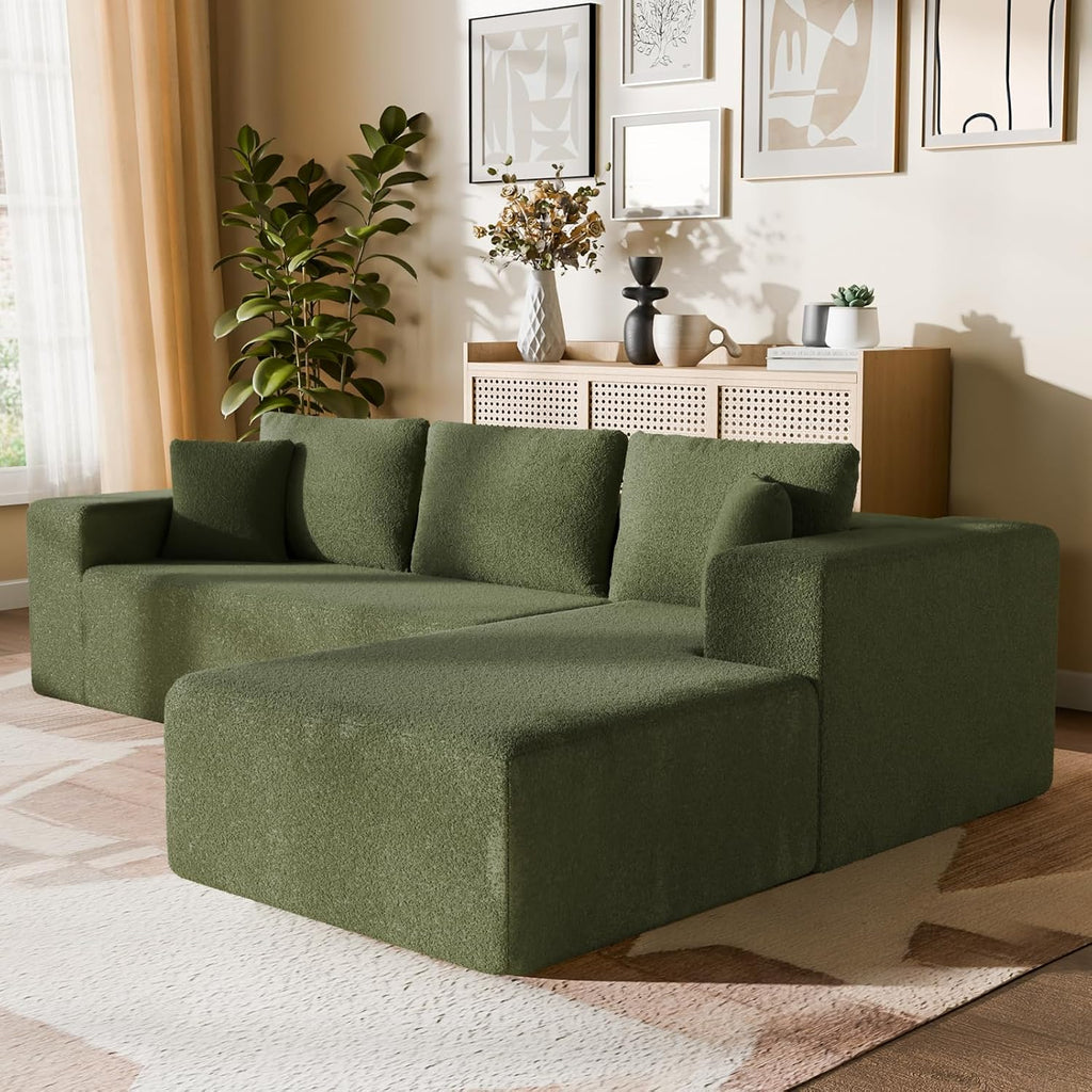 Cloud Wool Modular Sectional Sofa with Chaise, 106' L-Shaped Sofa Couch for Living Room, Deep Seat Plush Boneless Couches, Includes Pillows, Left Chaise, Green
