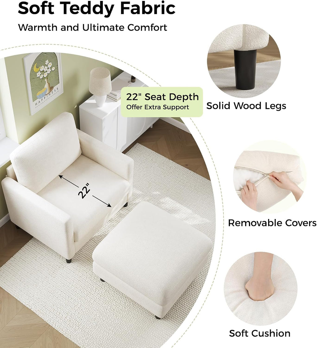 Welzona Sofa Accent Chair with Ottoman, 33' Reading Chair and Ottoman Set for Bedroom, Tool-Free Setup Living Room Accent Chairs, Comfy Arm Chairs Living Room, All-Wood Reading Nook, Beige