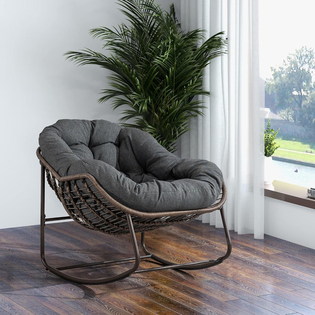 Wicker Outdoor Rocking Chair Rattan Egg Chair with Thick Cushion 30° Smooth Rocking Patio Lounge Reclining for Indoor Outdoor Use Living Room Front Porch Balcony Lawn Garden, Dark Grey