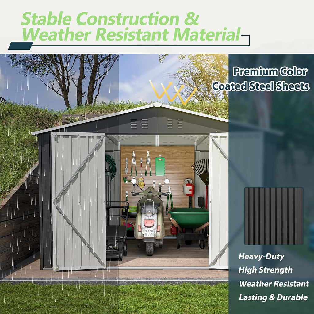 10x10 FT Shed Outdoor Storage Shed Metal Garden Shed with Lockable Doors & Slooping Roof Tool Shed Bike Shed for Backyard, Patio, Poolside (Black)