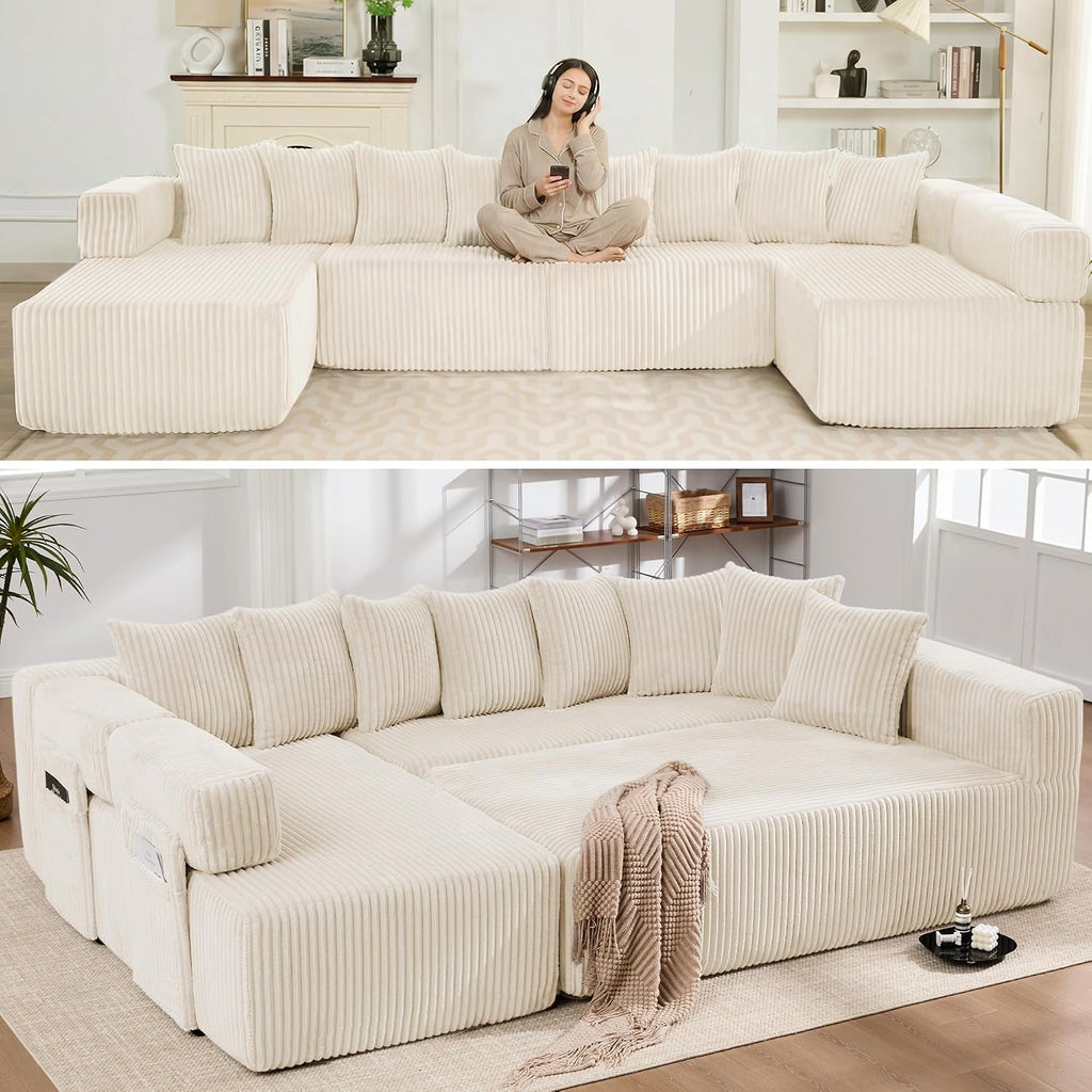 Oversized Cloud Boneless Couch with Chaise, 146' Modern U Shape Modular Deep Seat Sectional Sofa, Comfy Corduroy Upholstered Couches for Living Room, No Assembly Required-Beige