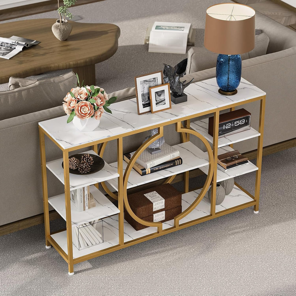 GiftGo 47' Industrial Console Tables for Entryway Rustic Sofa Table Behind Couch 4 Tier Wooden Shelves Entry Table with Storage for Foyer, Hallway, Front Door,Living Room (White Gold, 47')