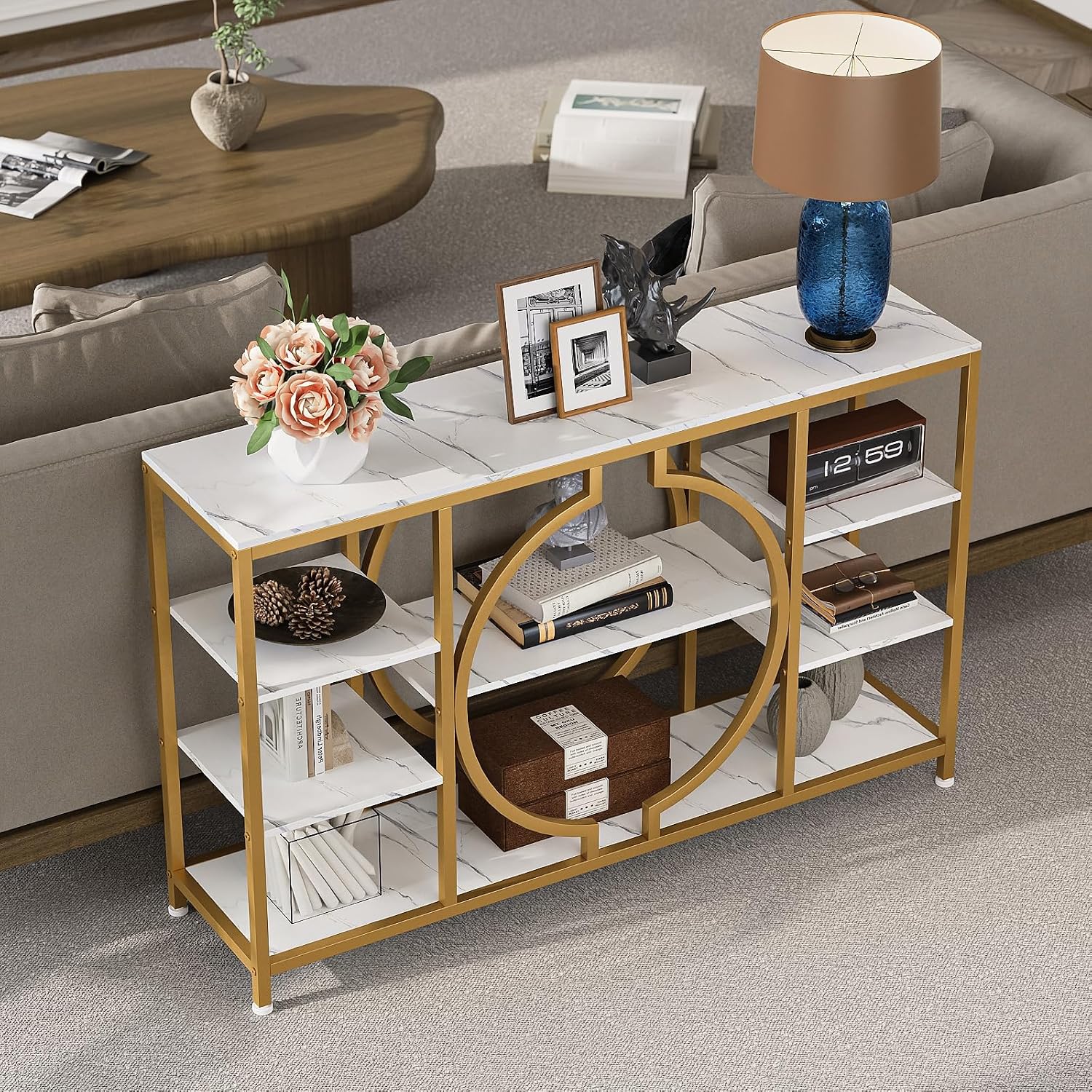 GiftGo 47' Industrial Console Tables for Entryway Rustic Sofa Table Behind Couch 4 Tier Wooden Shelves Entry Table with Storage for Foyer, Hallway, Front Door,Living Room (White Gold, 47')
