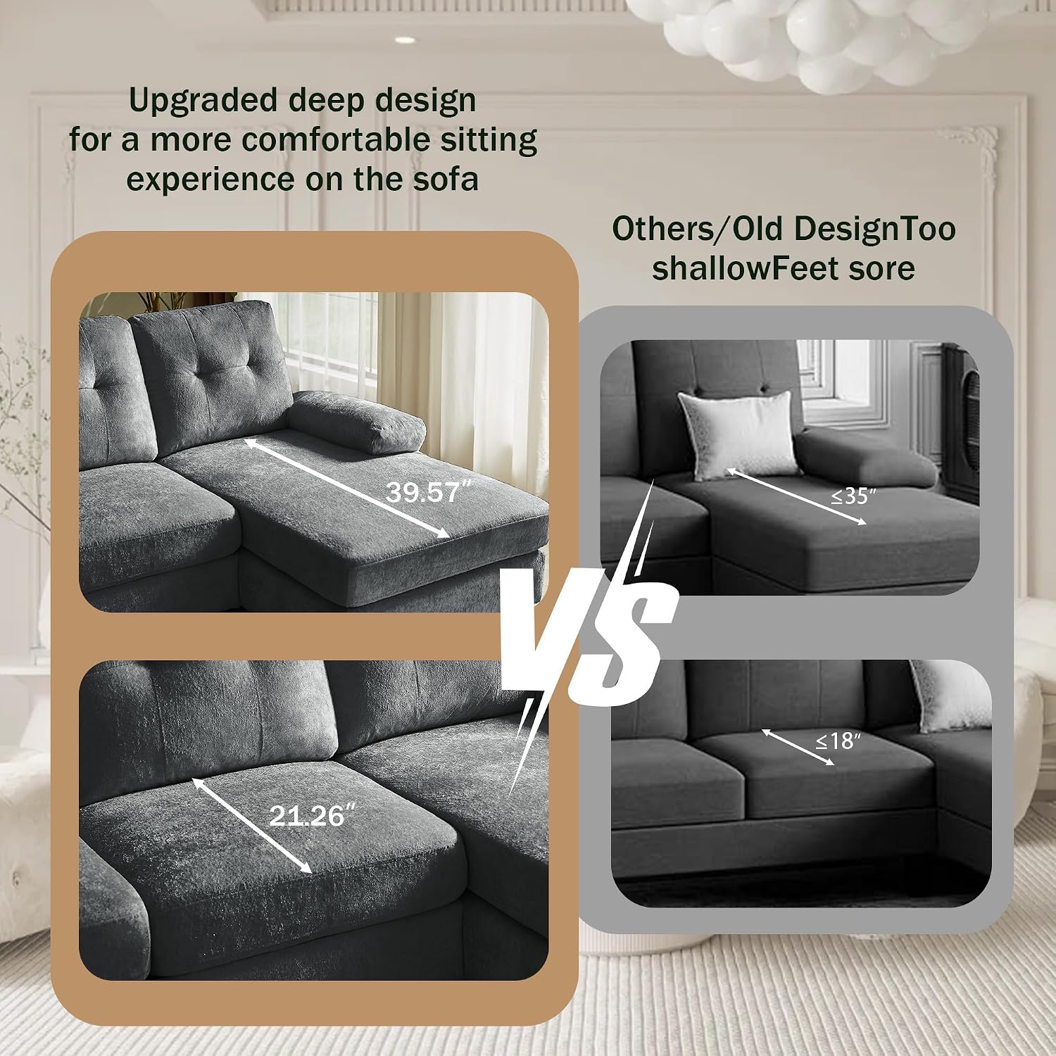 Sectional Couch for Living Room, Modern Polyester Fibre U Shaped Sofa Couches with Double Chaise, Upholstered 4 Seater Sofa for Living Room, Apartment, Office, Black