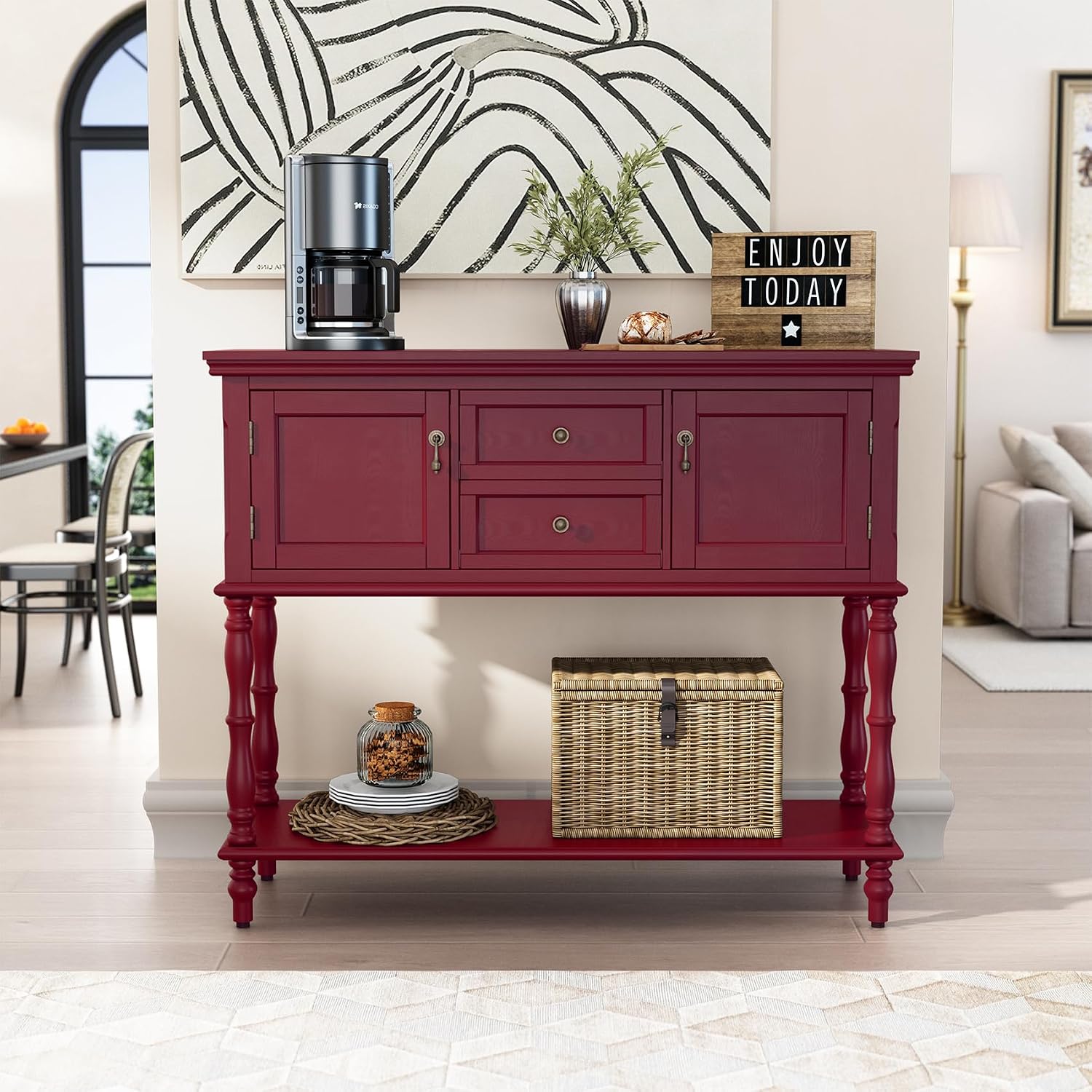 ARTPOWER Console Table with 2 Drawers, Retro Entryway Table with 2 Door Cabinets and Open Storage Shelf, Narrow Long Behind Couch Sofa Table for Living Room, Foyer, Hallway, Red