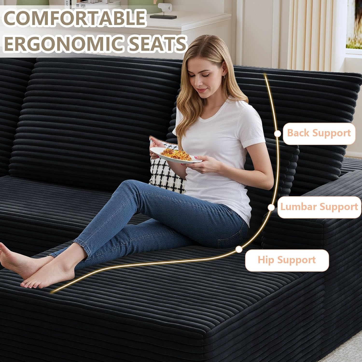 107' Cloud Sectional Couch with U-Shaped Chaise, Corduroy Sectional Sofa with Ottoman, Boneless Couch with Deep Seat in a Box for Living Room, No Assembly Required (Black, Right Facing Chaise)