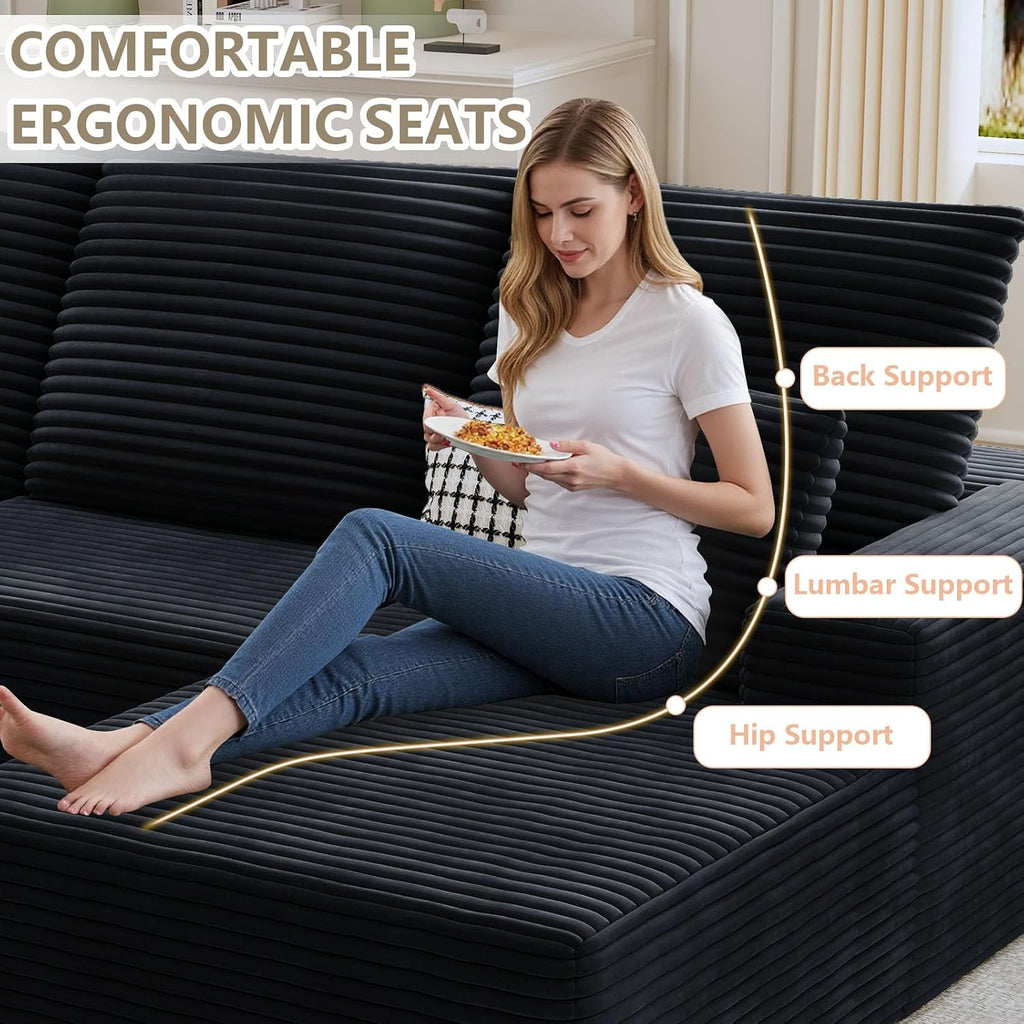 135' Cloud Sectional Couch with U-Shaped Chaise, Corduroy Sectional Sofa with Ottoman, Boneless Couch with Deep Seat in a Box for Living Room, No Assembly Required (Black, Right Facing Chaise)