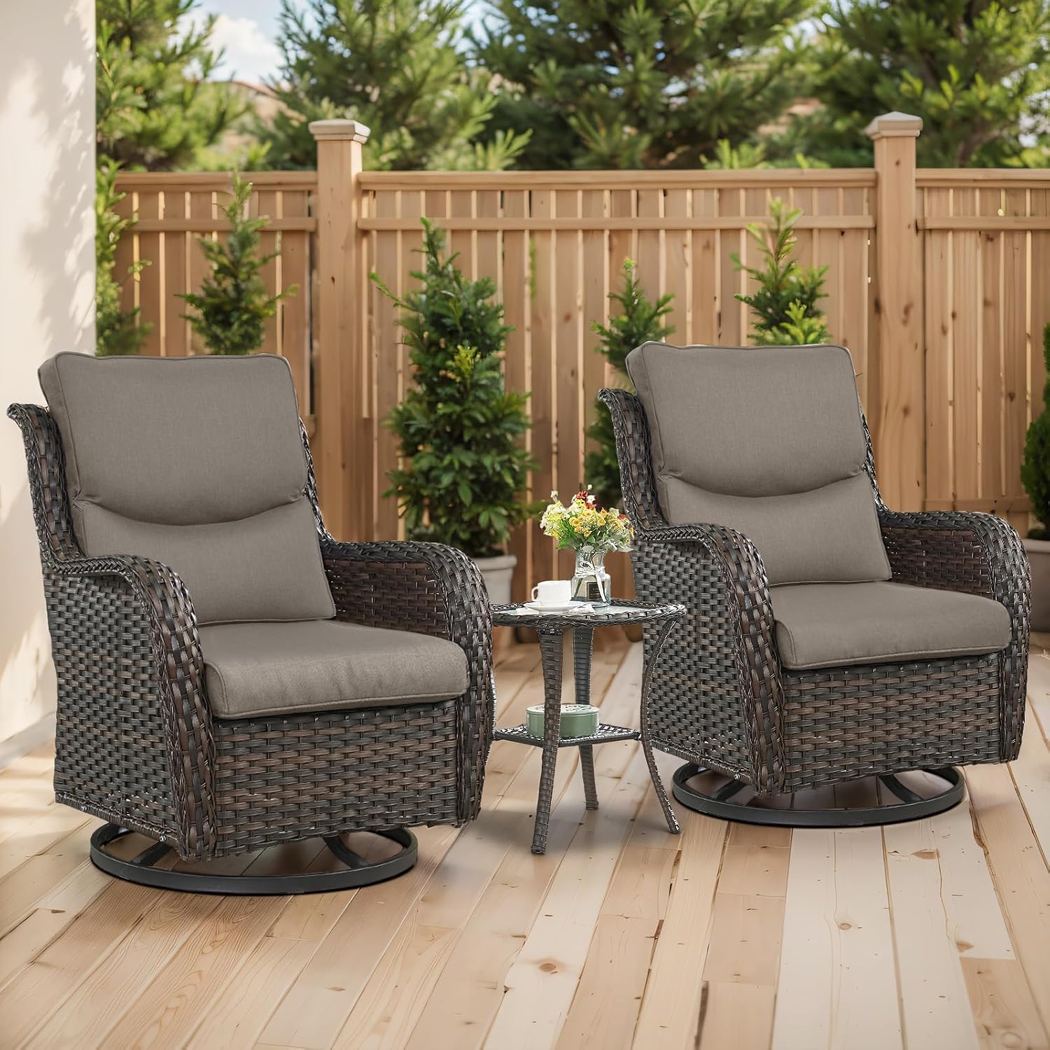Outdoor Swivel Rocker Patio Chairs with 5' Thick Cushion - 3 Piece Wicker Bistro Set with Side Table, High Back Comfty Outdoor Glider Chairs for Balcony, Porch, Deck, Poolside - Brown-Gray