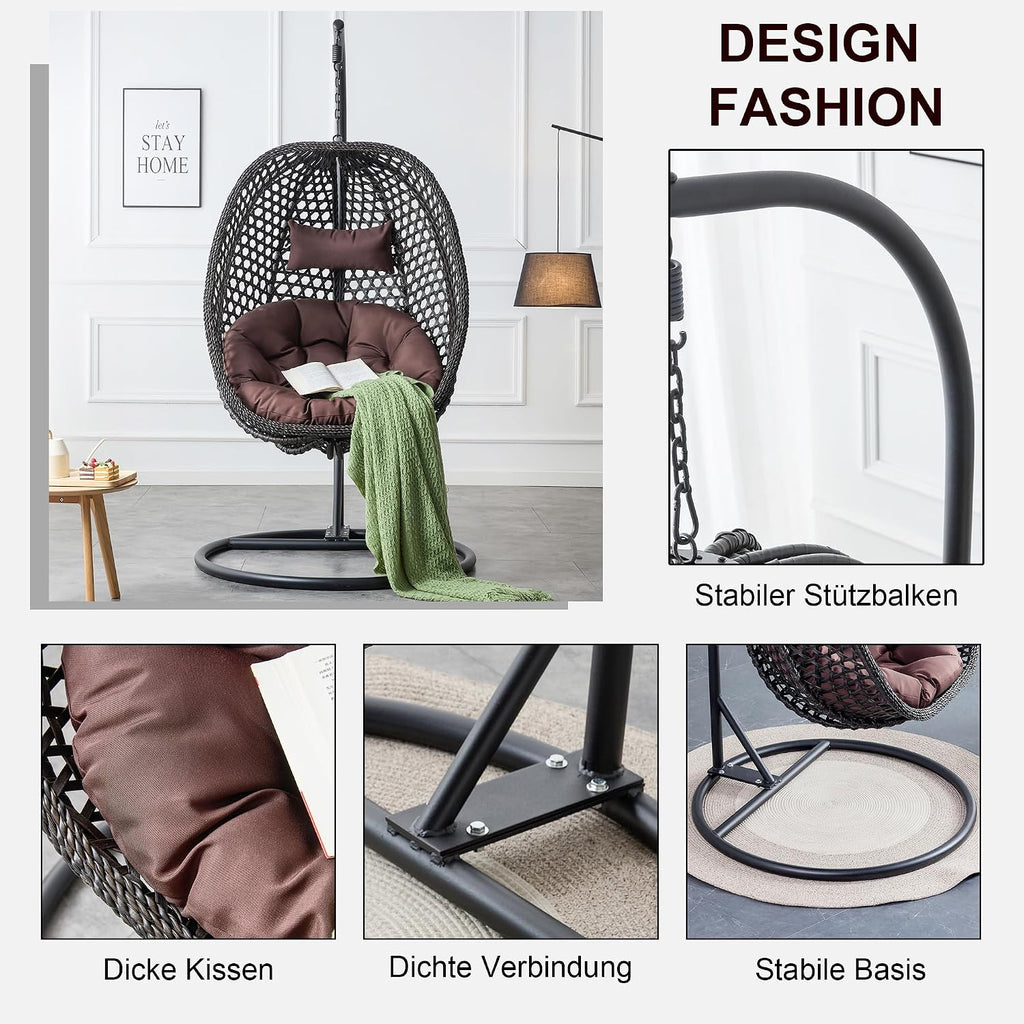 Egg Chair Indoor Outdoor, Hanging Chair for Bedroom, Swing Chair Hammock with Stand & Cushions, Comfy Swinging Chair Adult Reading Chair for Patio Balcony Backyard, Heavy Duty 350LBS, Black