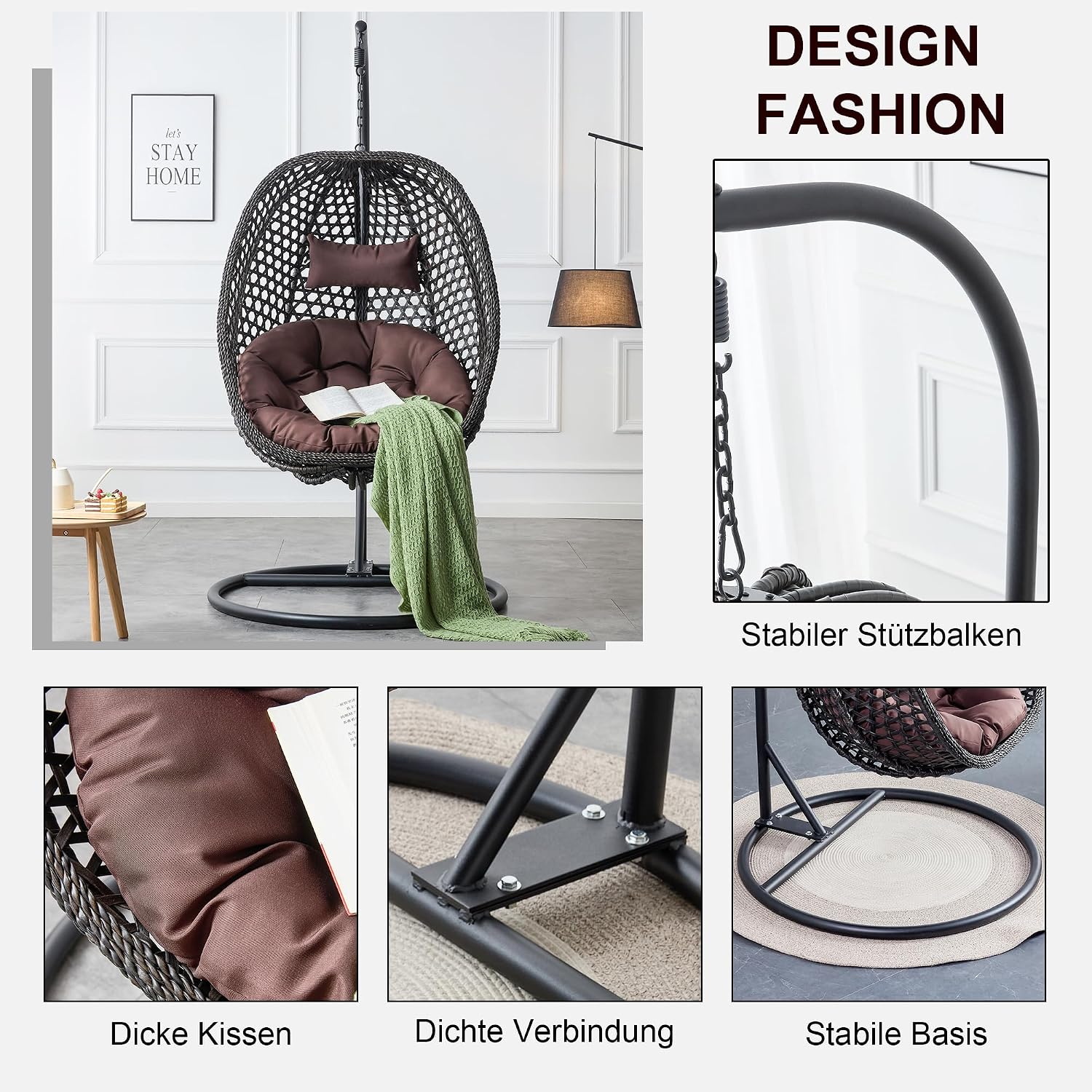 Egg Chair Indoor Outdoor, Hanging Chair for Bedroom, Swing Chair Hammock with Stand & Cushions, Comfy Swinging Chair Adult Reading Chair for Patio Balcony Backyard, Heavy Duty 350LBS, Black