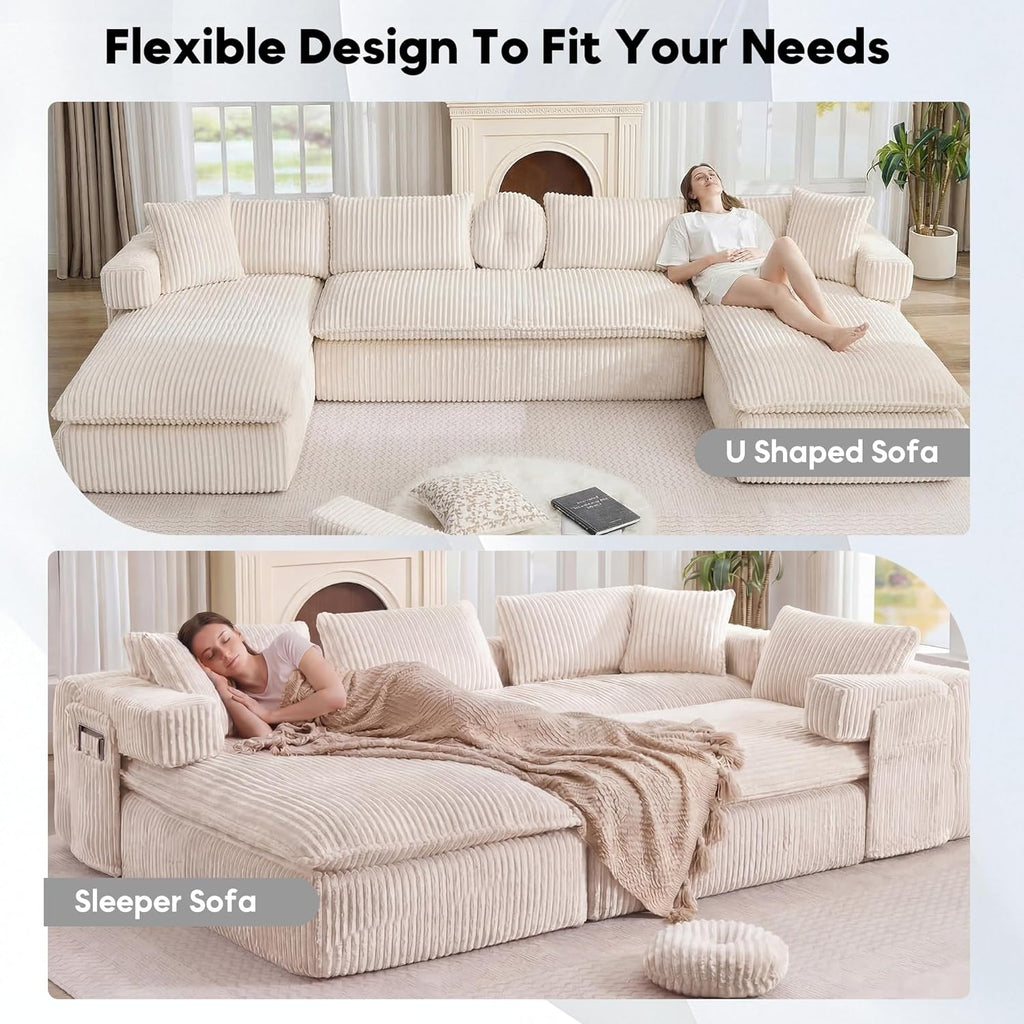 Oversized Cloud Boneless Couch with Chaise, 149' Modern U Shape Modular Deep Seat Sectional Sofa, Comfy Corduroy Upholstered Couches for Living Room, No Assembly Required, Beige White