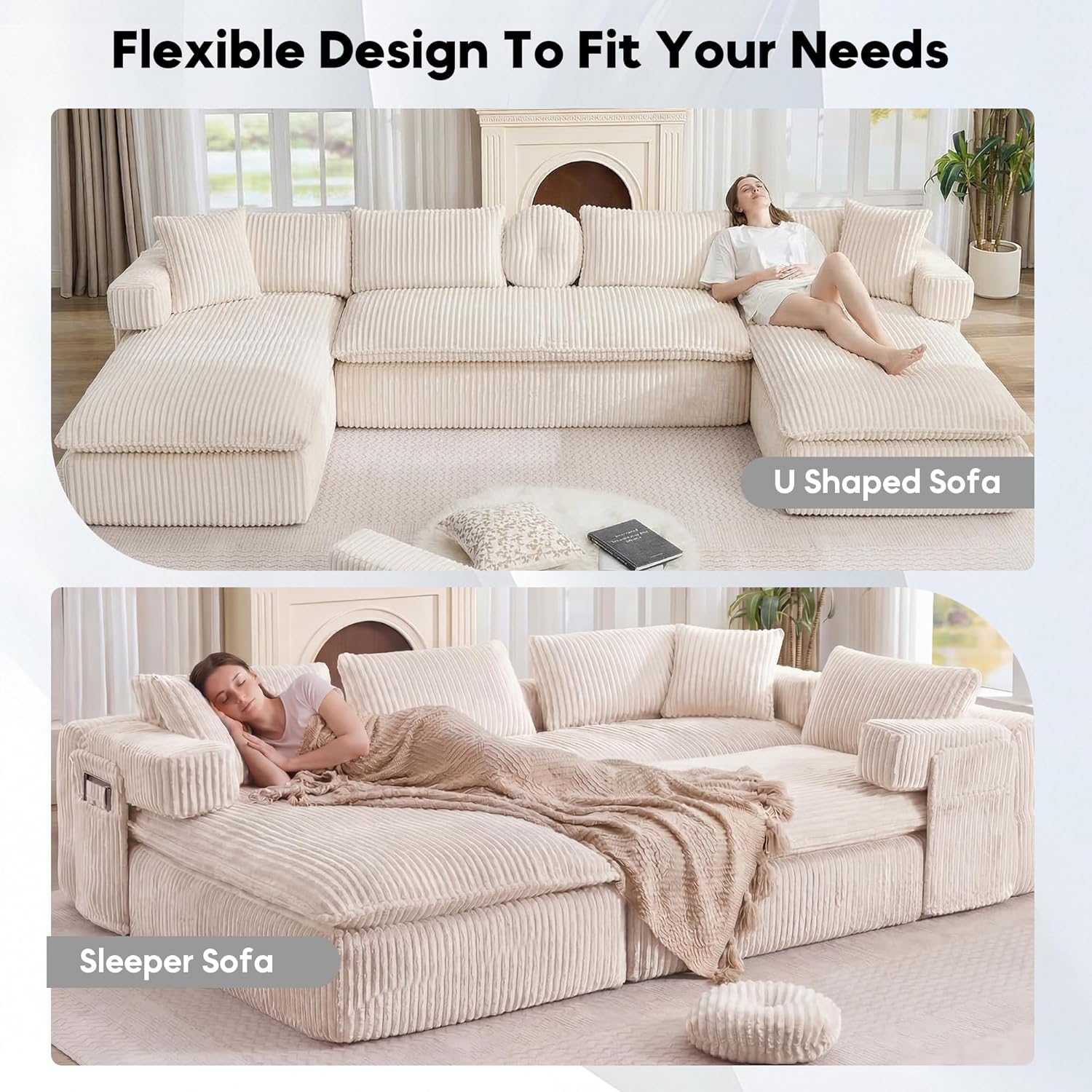 Oversized Cloud Boneless Couch with Chaise, 149' Modern U Shape Modular Deep Seat Sectional Sofa, Comfy Corduroy Upholstered Couches for Living Room, No Assembly Required, Beige White