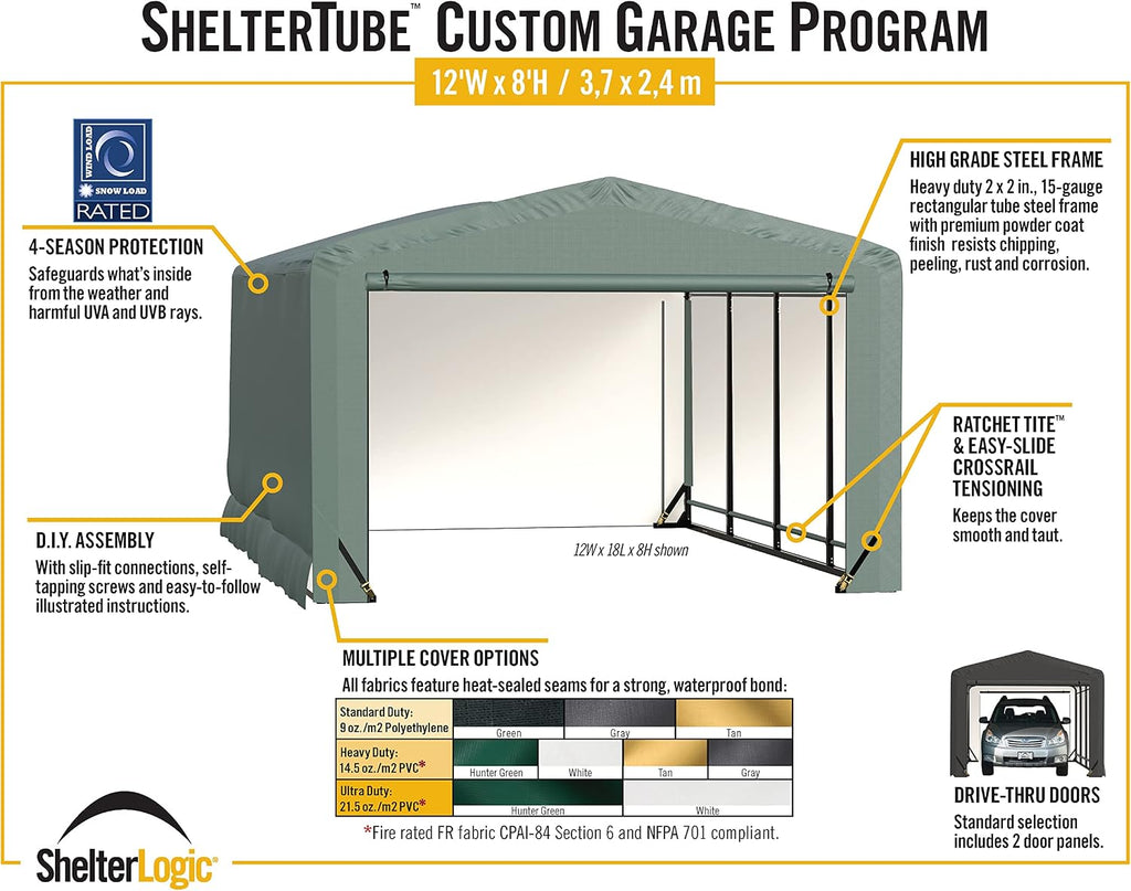 ShelterLogic ShelterTube Garage & Storage Shelter, 12' x 18' x 8' Heavy-Duty Steel Frame Wind and Snow-Load Rated Enclosure, Gray