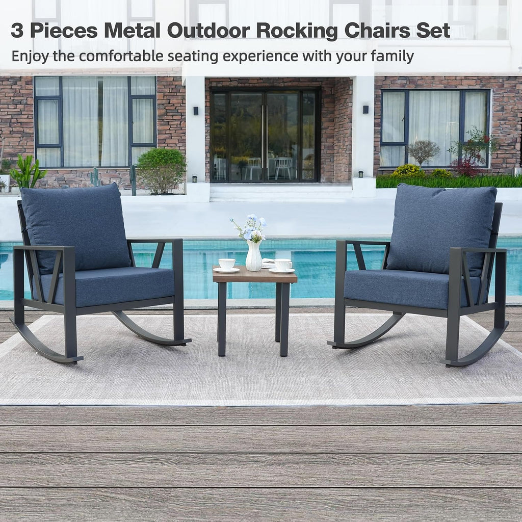 Outdoor Patio Rocking Chairs Set of 2, 3 Pieces Patio Porch Furniture Set with 6' Thick Cushions, Outdoor Bistro Set with Coffee Table,Blue