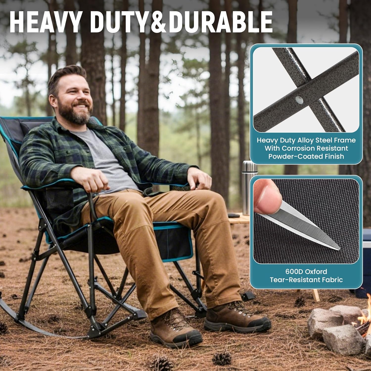 FUNDANGO Oversized Rocking Camping Chair for Adults, 2 Pack Portable Folding Lawn Chairs for Outside with Pillows, Wide Armrest, 2 Cup Holders, Carry Bag for Patio Garden Outdoor Supports 400Lbs