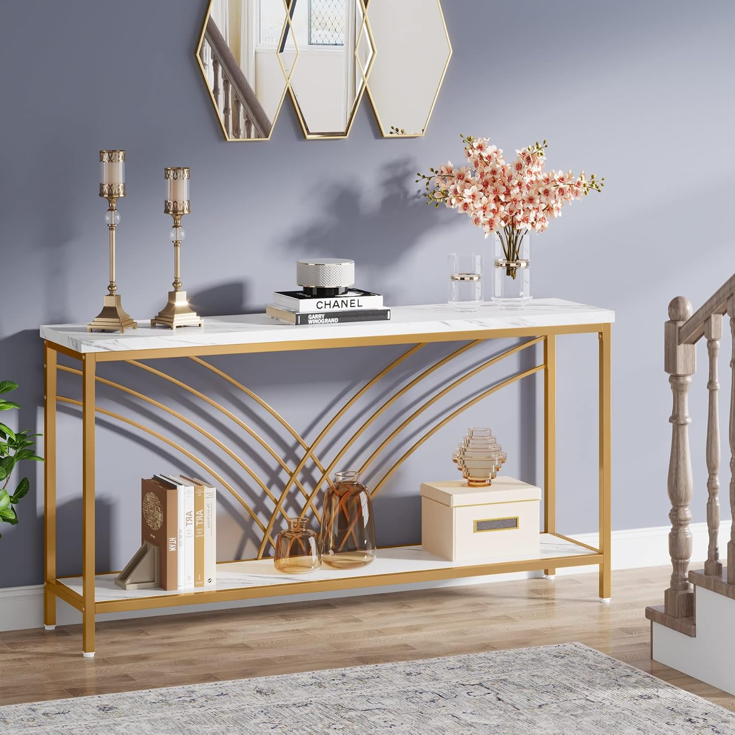 Tribesigns 70.9 inch Extra Long Console Table, Faux Marble Entryway Table with 2 Tier Storage Shelf, Narrow Sofa Table Behind Couch, Modern Hallway Accent Table for Living Room, White and Gold