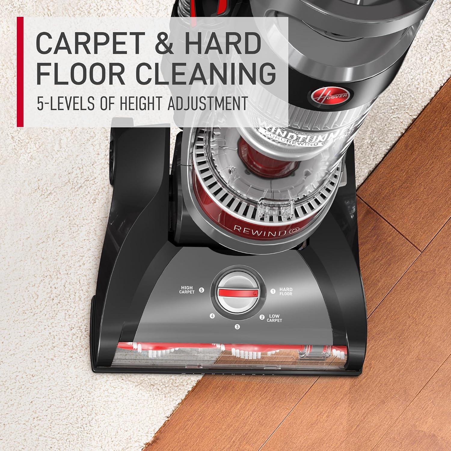 Hoover WindTunnel Cord Rewind Pro Bagless Vacuum Cleaner, Corded Upright Vacuum Cleaner for Carpet and Hard Floor, Multi-Cyclonic Filtration, 25ft Auto-Rewind Cord, 5-Height Adjustment