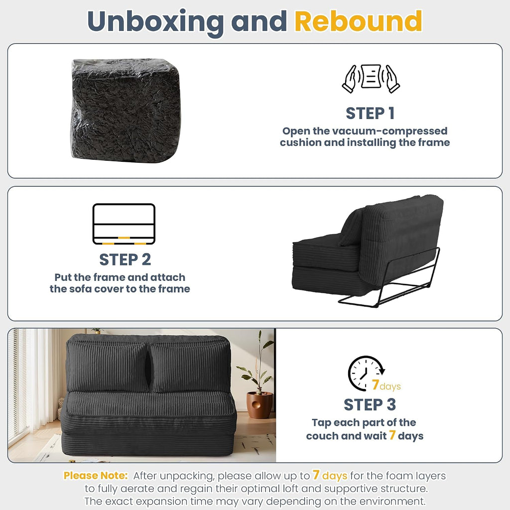 Convertible Sofa Bed with Fixed Frame,Boneless Couch Folding Loveseat Sleeper with 5-Position Adjustable Backrest & Thickened Cushion,Futon Couch with 2 Pillows for Bedroom,Small Spaces