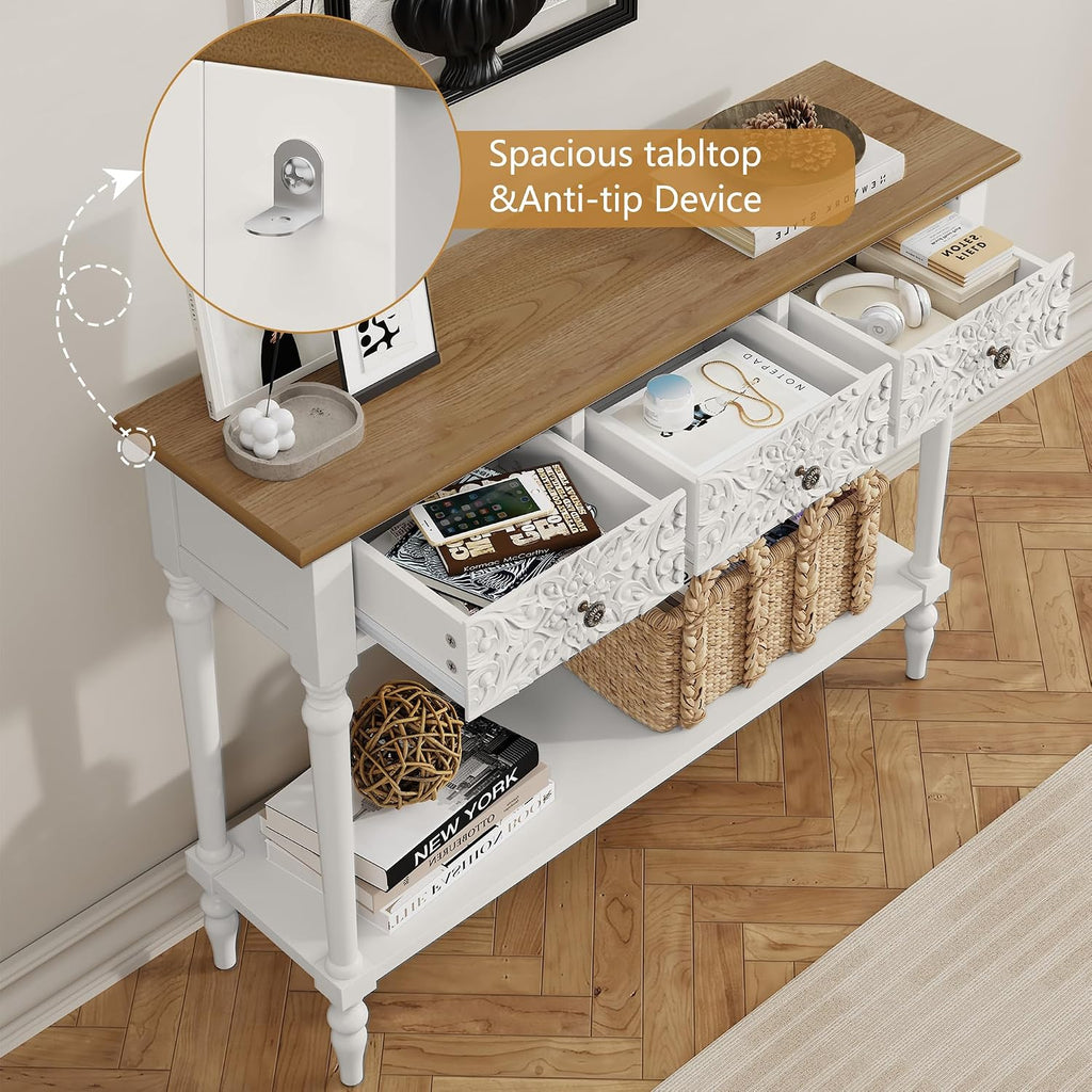 3More Entryway Console Table with 3 Drawers,42' Carved Hallway Table with Open Shelf,Long Sofa Table for Living Room, Hallway, Behind Couch,White