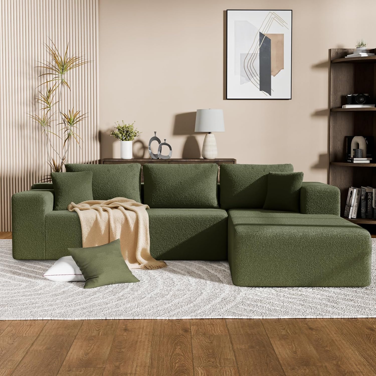 Cloud Wool Modular Sectional Sofa with Chaise, 106' L-Shaped Sofa Couch for Living Room, Deep Seat Plush Boneless Couches, Includes Pillows, Left Chaise, Green