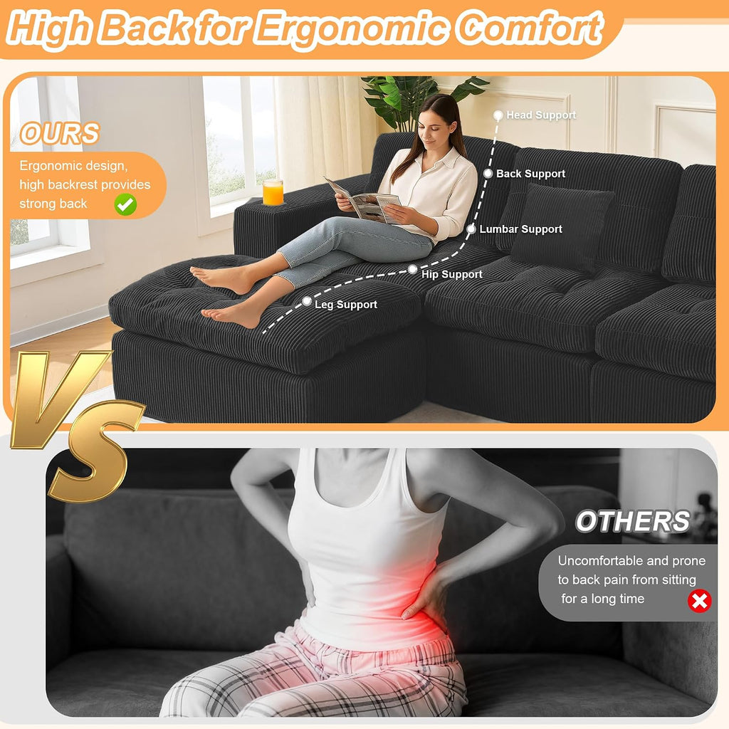 Modular Cloud 3 Seater Boneless L-Shaped Sectional Sofa, Comfy Modern Design with Ergonomic Support & Free Combination for Living Room/Bedroom/Apartment (Matte Black)