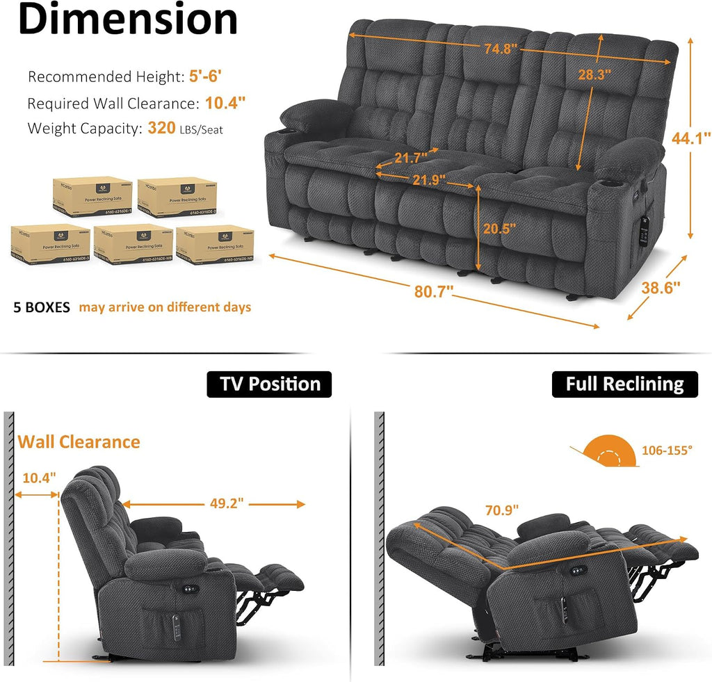MCombo 80.7' W 3 Seater Power Reclining Sofa with Heat and Vibration Massage, Zero Gravity Recliner Sofa Couch with Drop Down Table for Living Room, Fabric 6316M10