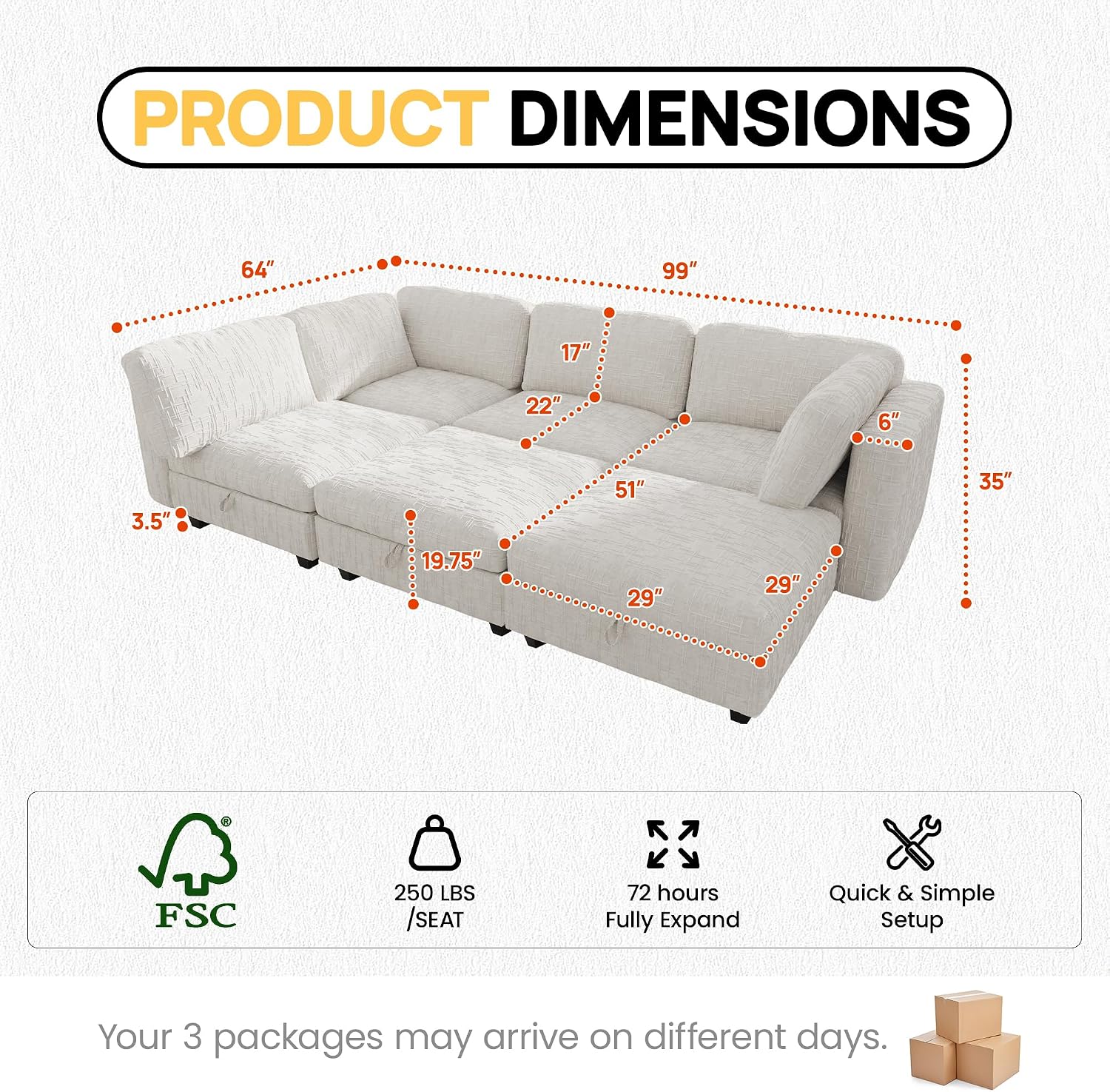 99' Modular Sectional Chenille Sofa bed with Hidden Storage, Comfy Modern 6 Seater Oversized Deep Seat Couch, Modular Sectional with Ottoman and Removable Cover for Living Room, Apartment, Beige