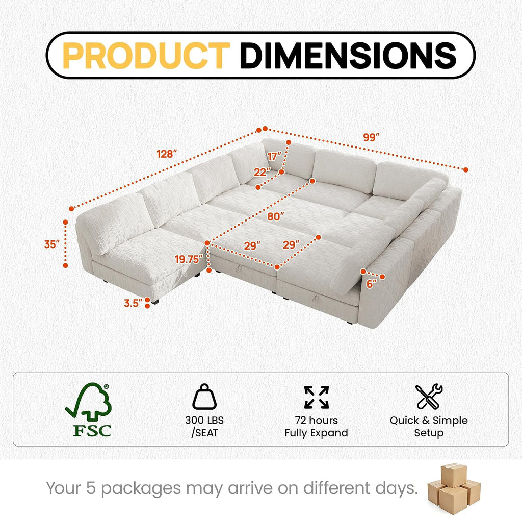 Oversized Modular Sectional Chenille Sofa Bed with Hidden Storage, Comfy Modern 10 Seater Deep Seat Couch, Modular Sectional with Ottoman and Removable Cover for Living Room, Apartment, Beige