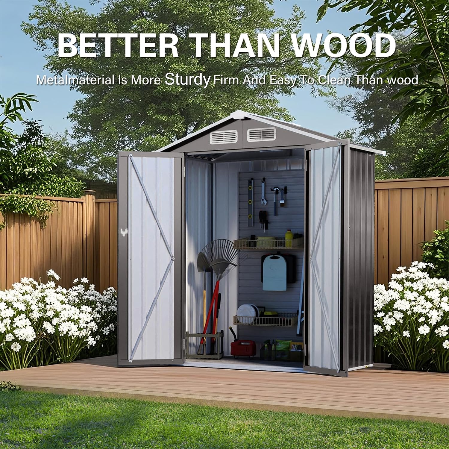 Outdoor Storage Shed 5 x 3 FT Metal Tool Shed with Peaked Roof, Compact Metal Garden Shed Anti-Corrosion Storage House with Lockable Door for Backyard, Patio, Sundries, Gray (Peaked roof)