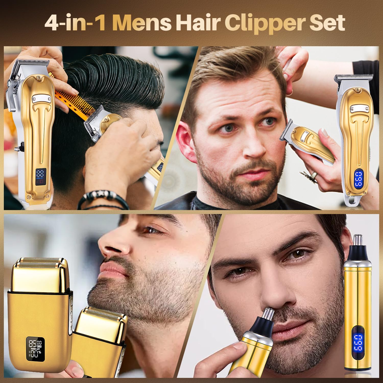 Roziapro Professional Hair Clippers for Men Zero Gapped T-Blade Trimmer Cordless Nose Hair Trimmer Electric Foil Shaver Rechargeable Hair Grooming Set with LED Display (Gold)