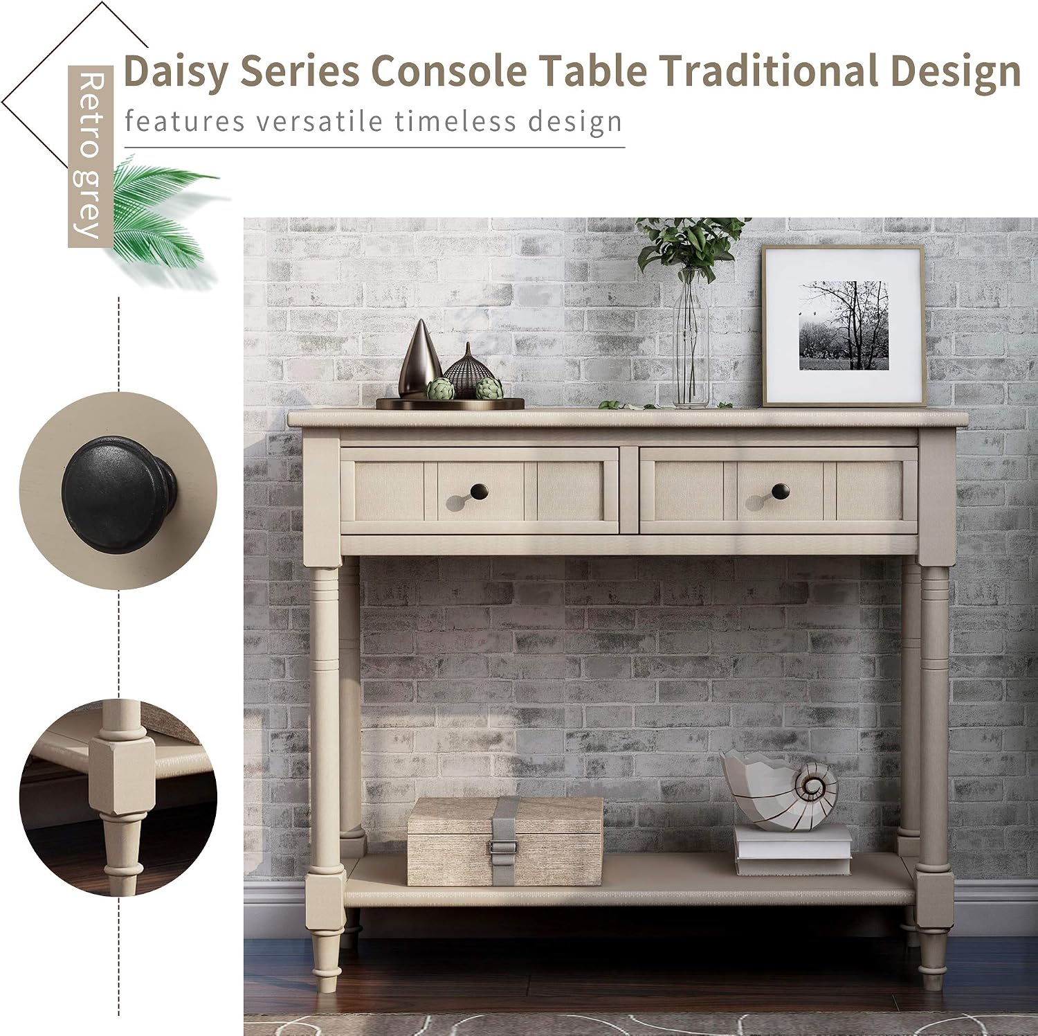 Bellemave Console Table with Drawers, Retro Entryway Table with 2 Drawers and Open Storage Shelf, Narrow Long Sofa Table, Behind Couch Table for Living Room, Foyer and Hallway, Retro Grey