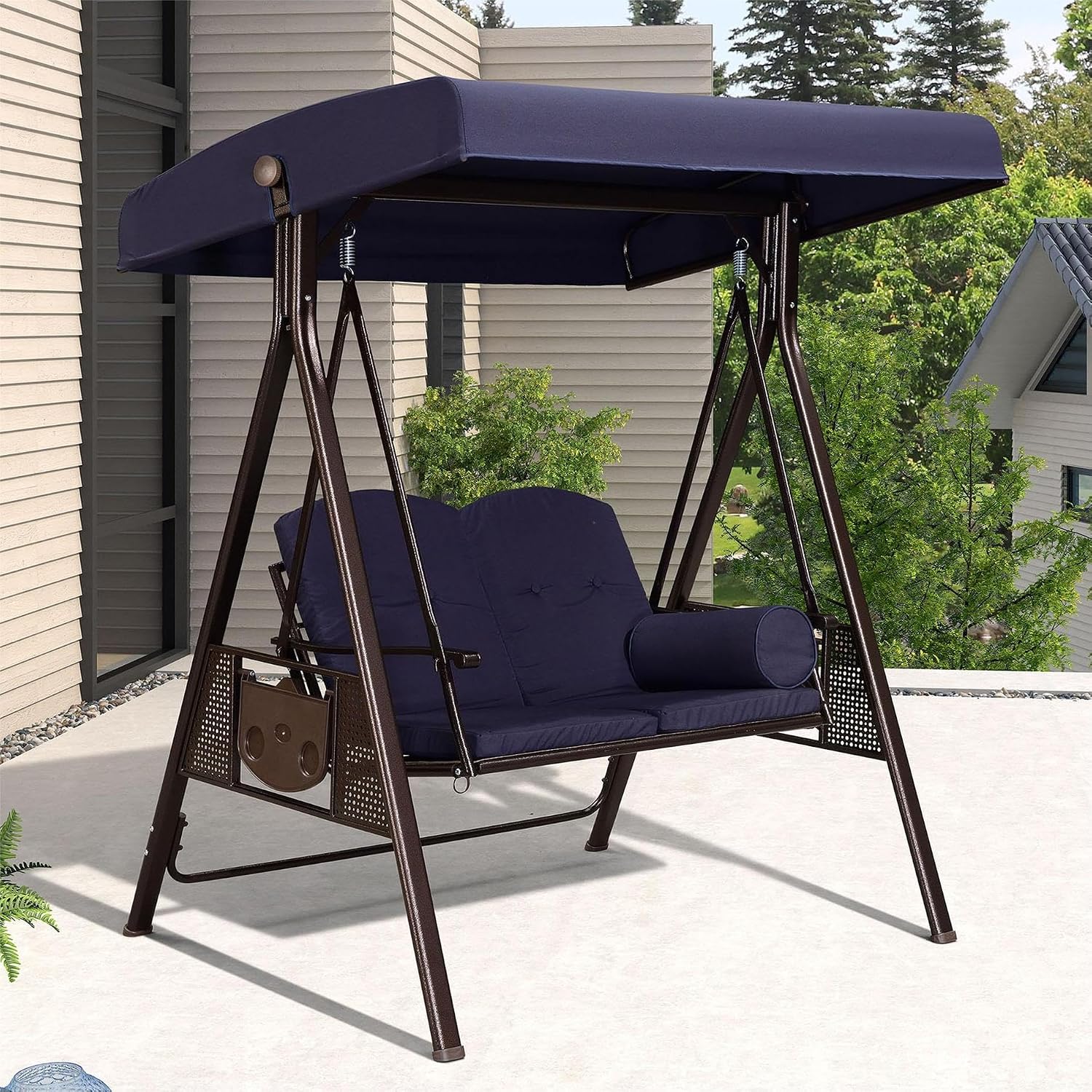PURPLE LEAF 2-Seat Deluxe Outdoor Patio Porch Swing with Weather Resistant Steel Frame, Adjustable Tilt Canopy, Cushions and Pillow Included, Navy Blue
