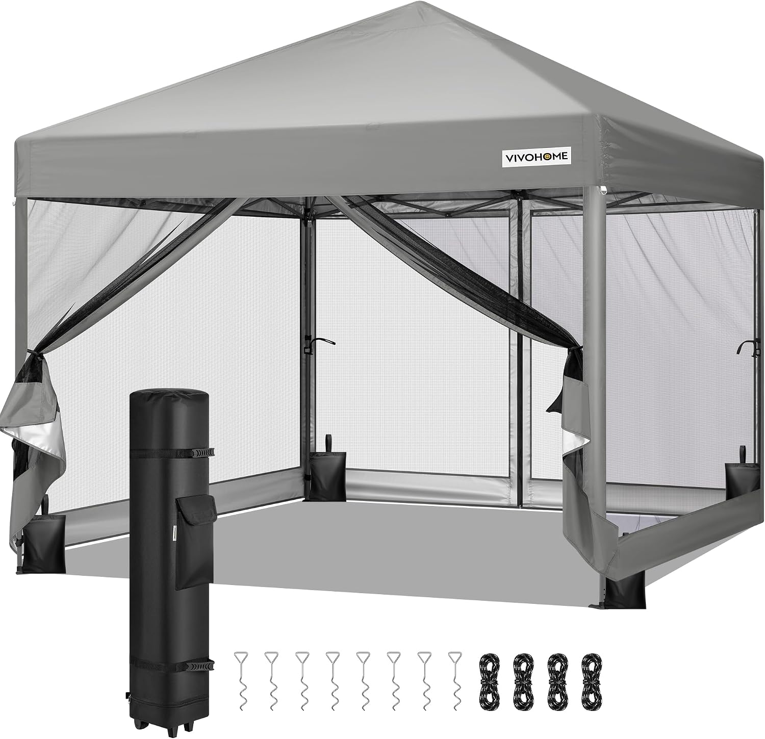 VIVOHOME 8x8ft Easy Pop-Up Canopy, Outdoor Screen Tent with Mosquito Netting, 2 Zipper Doors, and Roller Bag for Yard Camping Picnic Party Events, Grey