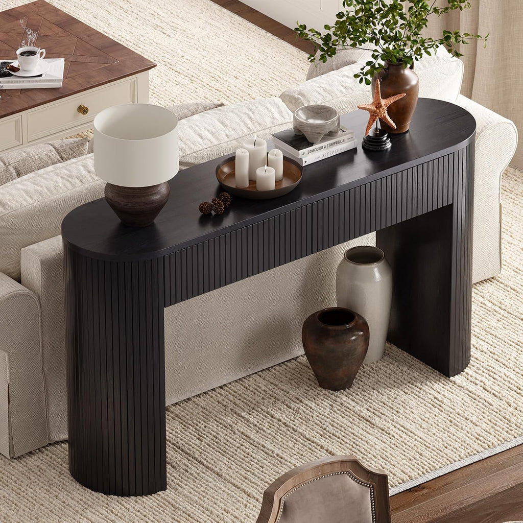 55 Inch Console Table with 2 Drawers, Fluted Entryway Tables with Storage, Sofa Table Behind The Couch, Hallway Tables, Mid-Century Modern Foyer Table for Entryway, Hallway, Living Room, Black