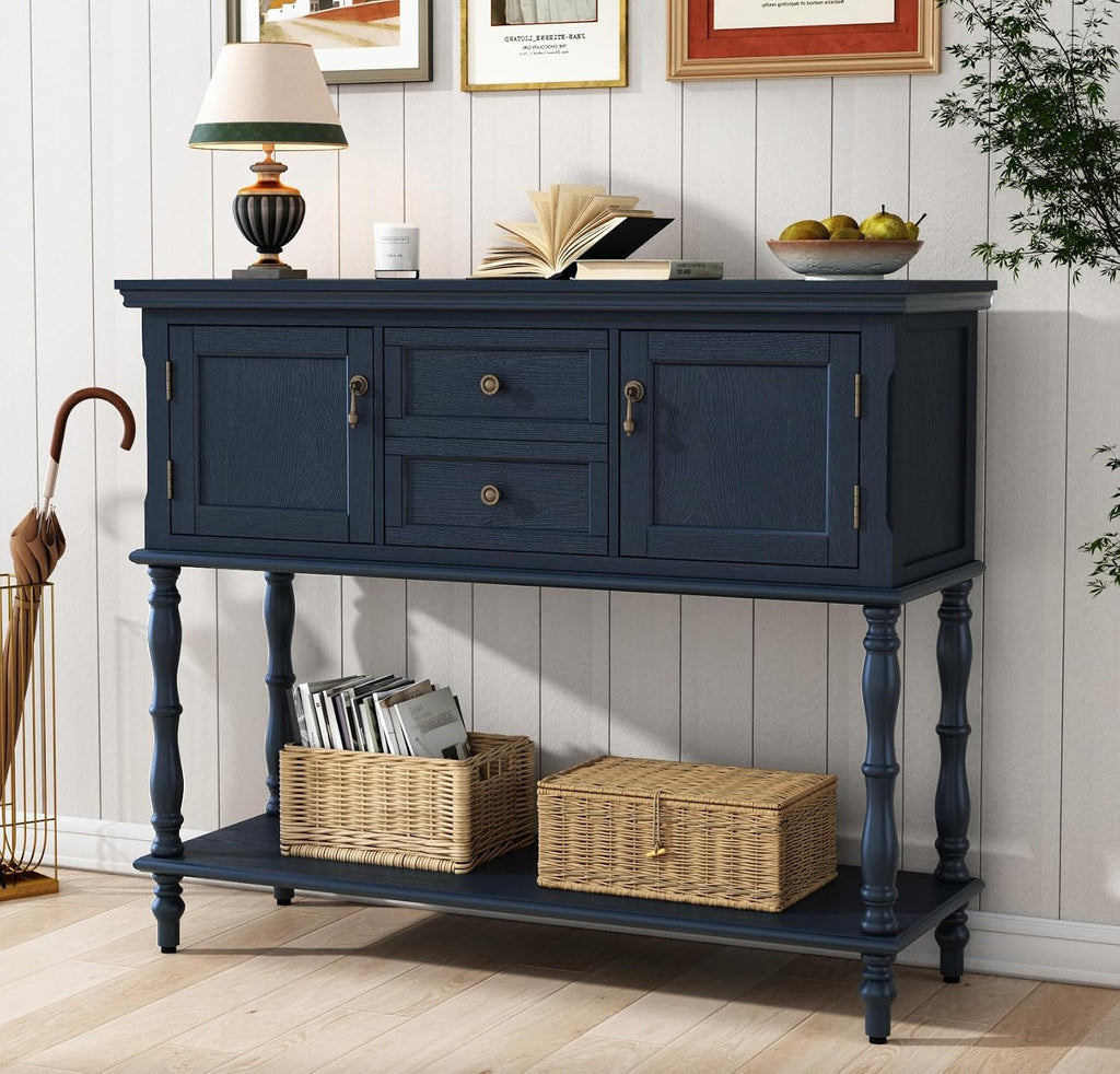 ARTPOWER Console Table with 2 Drawers, Retro Entryway Table with 2 Door Cabinets and Open Storage Shelf, Narrow Long Behind Couch Sofa Table for Living Room, Foyer, Hallway, Blue