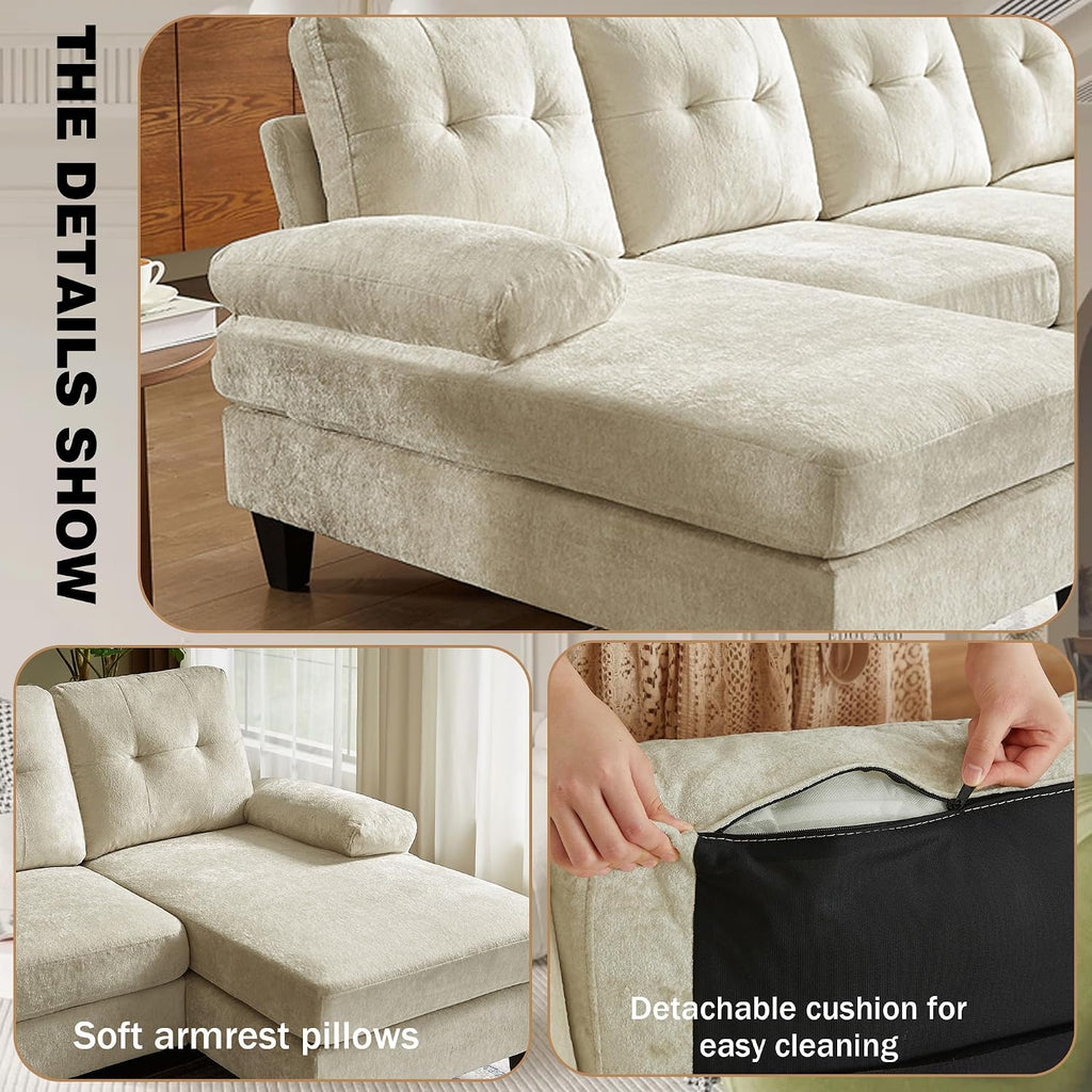 Sectional Couch for Living Room, Modern Polyester Fibre U Shaped Sofa Couches with Double Chaise, Upholstered 4 Seater Sofa for Living Room, Apartment, Office, Beige