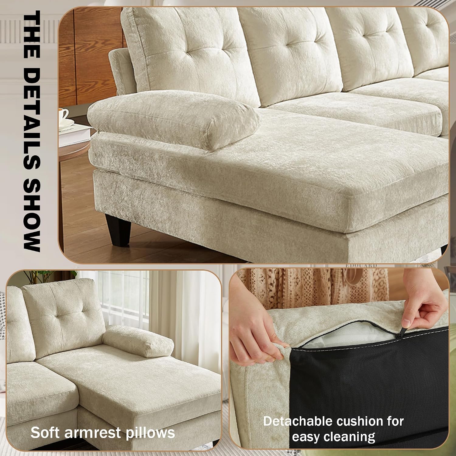 Sectional Couch for Living Room, Modern Polyester Fibre U Shaped Sofa Couches with Double Chaise, Upholstered 4 Seater Sofa for Living Room, Apartment, Office, Beige