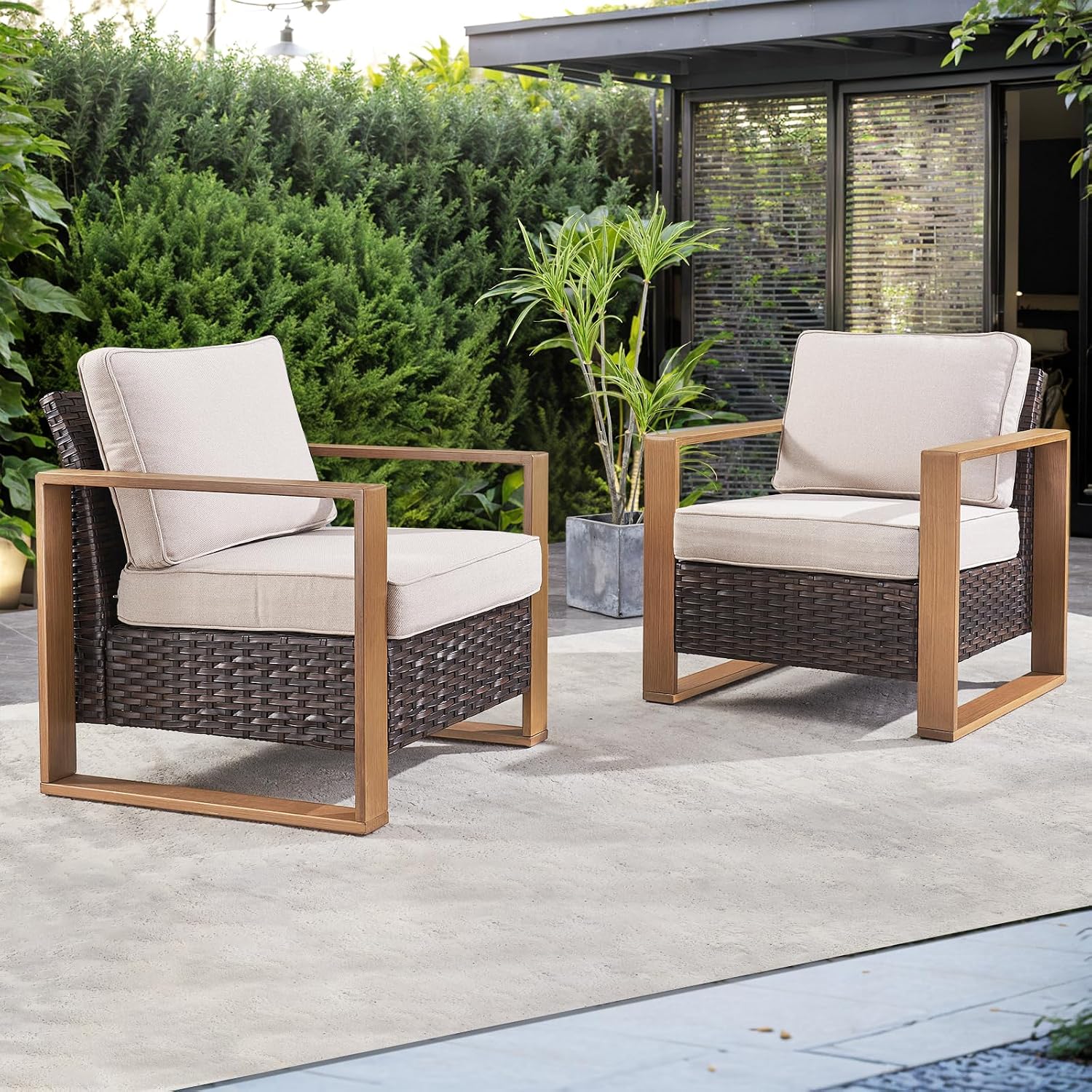 Rilyson Wicker Outdoor Patio Chairs Set of 2, Rattan Patio Furniture Chairs with Sturdy Frame,All-Weather PE Wicker,Wide Armrest,Deep Seating and Thick Cushions for Deck Porch Garden(Brown/Beige)