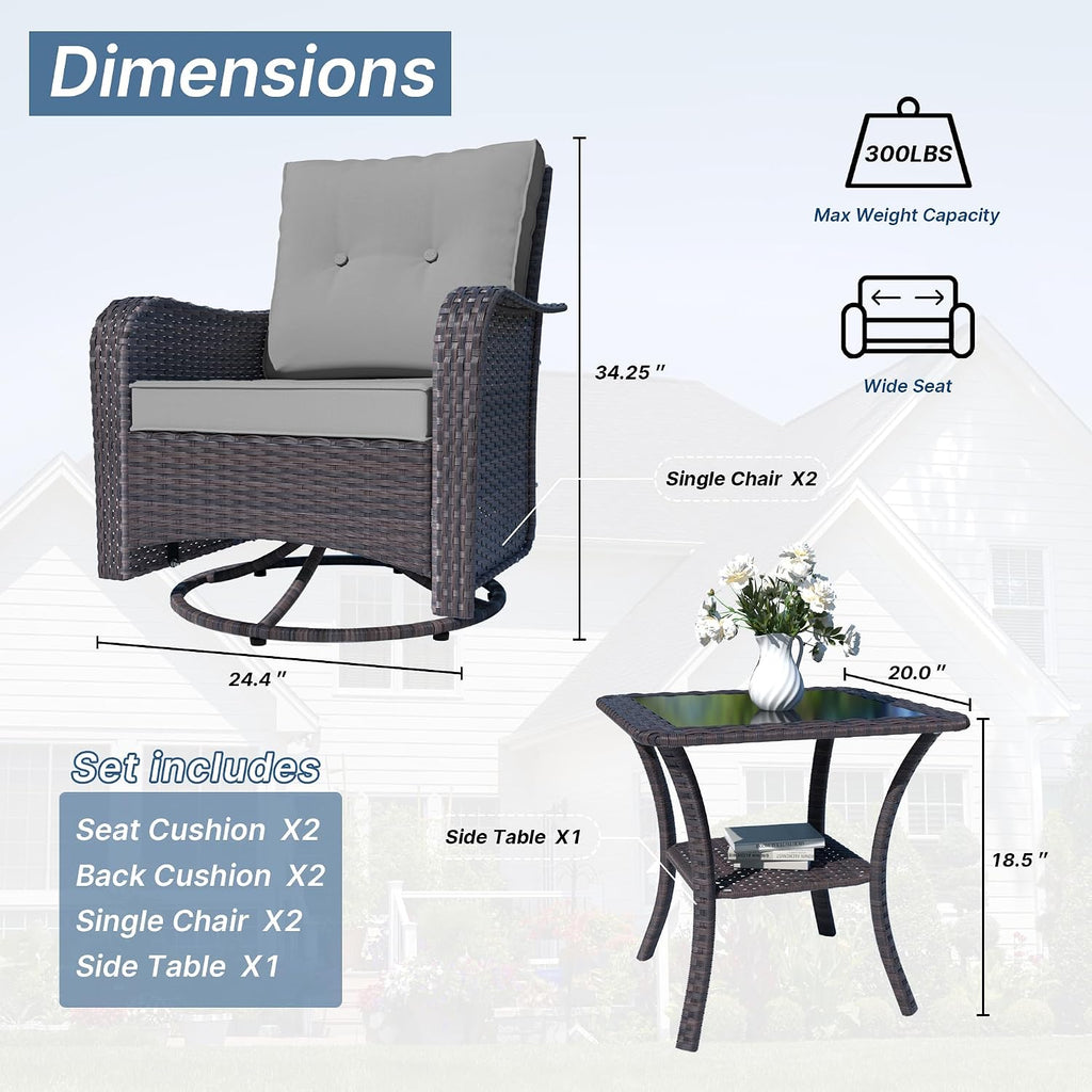 Kurapika 3 Pieces Patio Furniture Set Outdoor Swivel Gliders Rocker, Wicker Patio Bistro Set, Rattan Rocking Chair with Tempered Glass Side Table and Thickened Cushions (Grey)