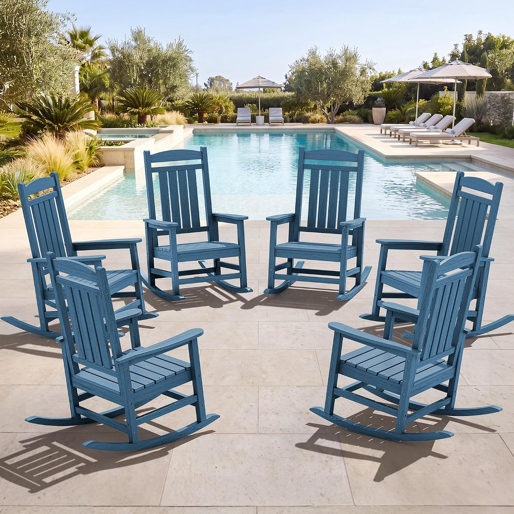 SERWALL Oversized Rocking Chairs Set of 6, HDPE Outdoor Rocking Chair, All-Weather Porch Rockers for Patio, Blue