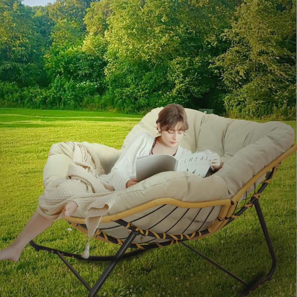 Outdoor Rocking Chair, Patio Egg Rocking Chair, Indoor Papasan Chair, Rattan Wicker Lounge Chair, Modern Royal Chair for Bedroom, Living Room, Porch, Garden,Lawn (41.3' Beige)