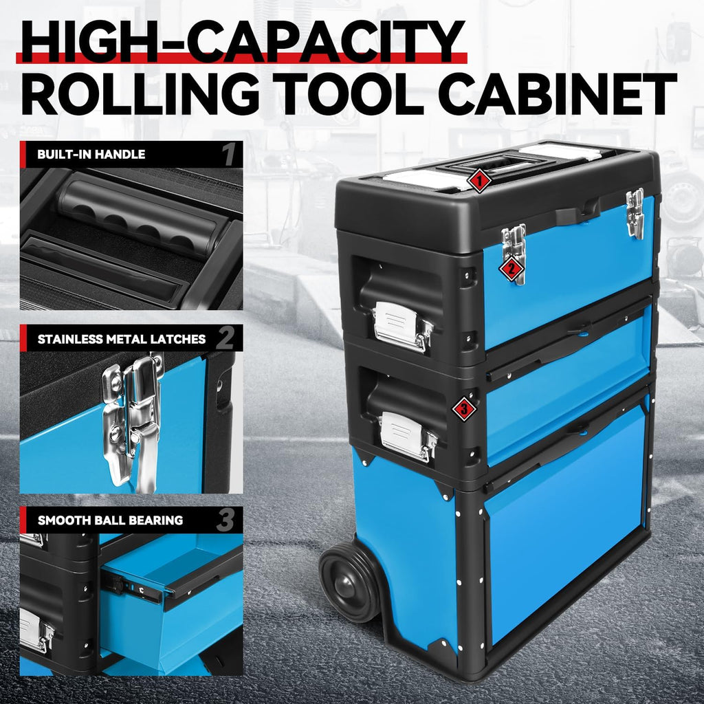 Auto Dynasty 3-Tier Stackable Tool Box, 19.5 Inch 3-in-1 Rolling Tool Box with Wheels, Portable Steel and Plastic Rolling Upright Trolley Toolbox Organizer for Garage Workshop, 3-Piece Set, Blue