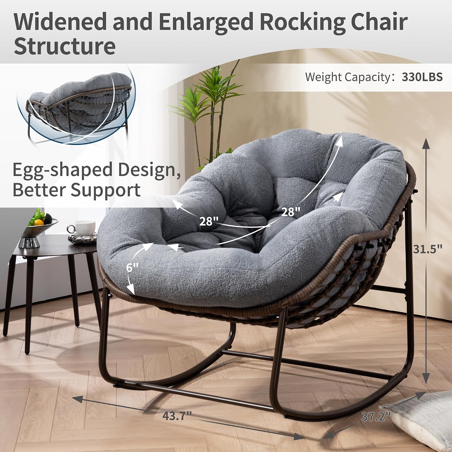 HOMEFUN Outdoor Patio Rocking Chairs, Oversized Papasan Rock Chair Indoor with Teddy Padded Cushion - Rocker Egg for Front Porch, Garden, Backyard Dark Gray