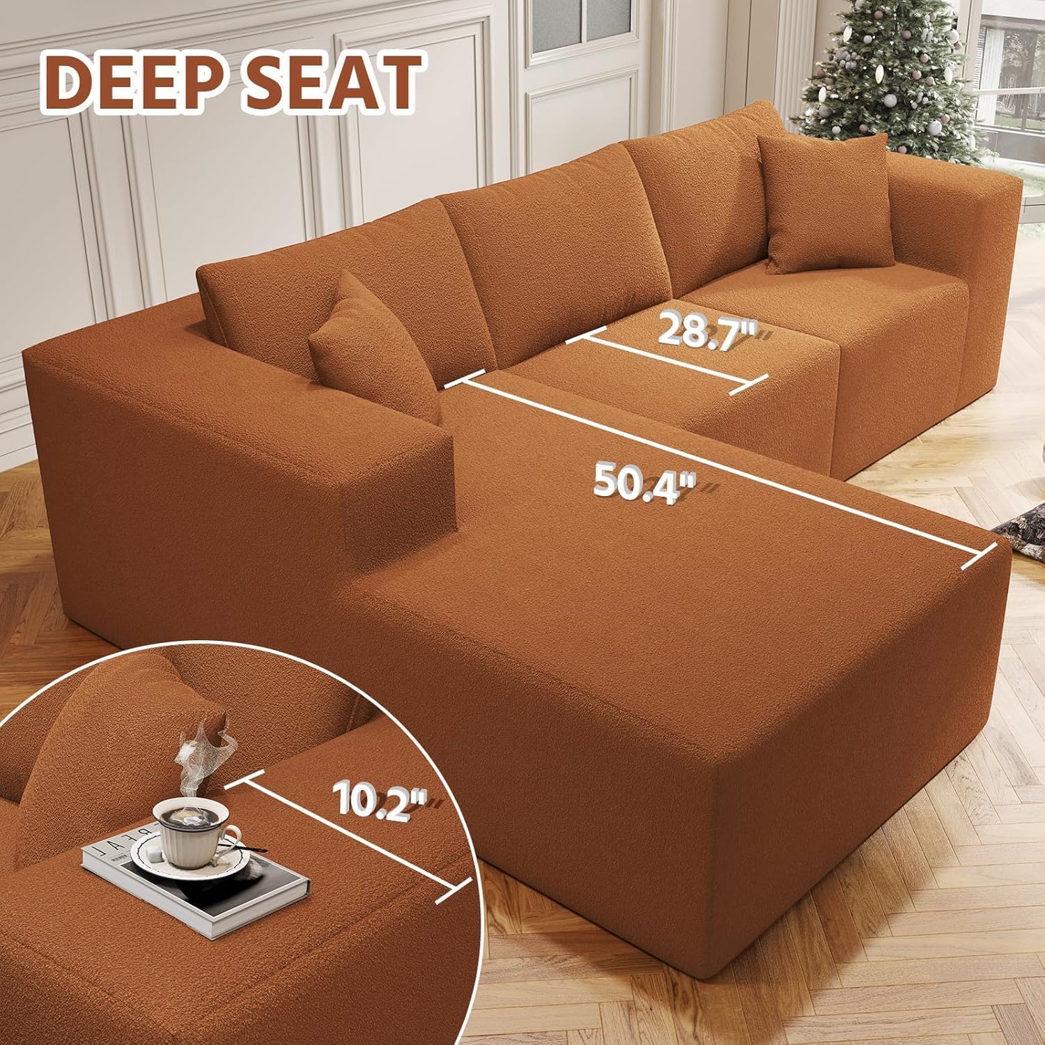 108' Orange Boneless Cloud Couches for Living Room L Shapes Sectional Sofa with Chaise Lounge, Comfy Teddy Fabric Memory Foam Couch Including Throw Pillow and Backrest - Removable Washable