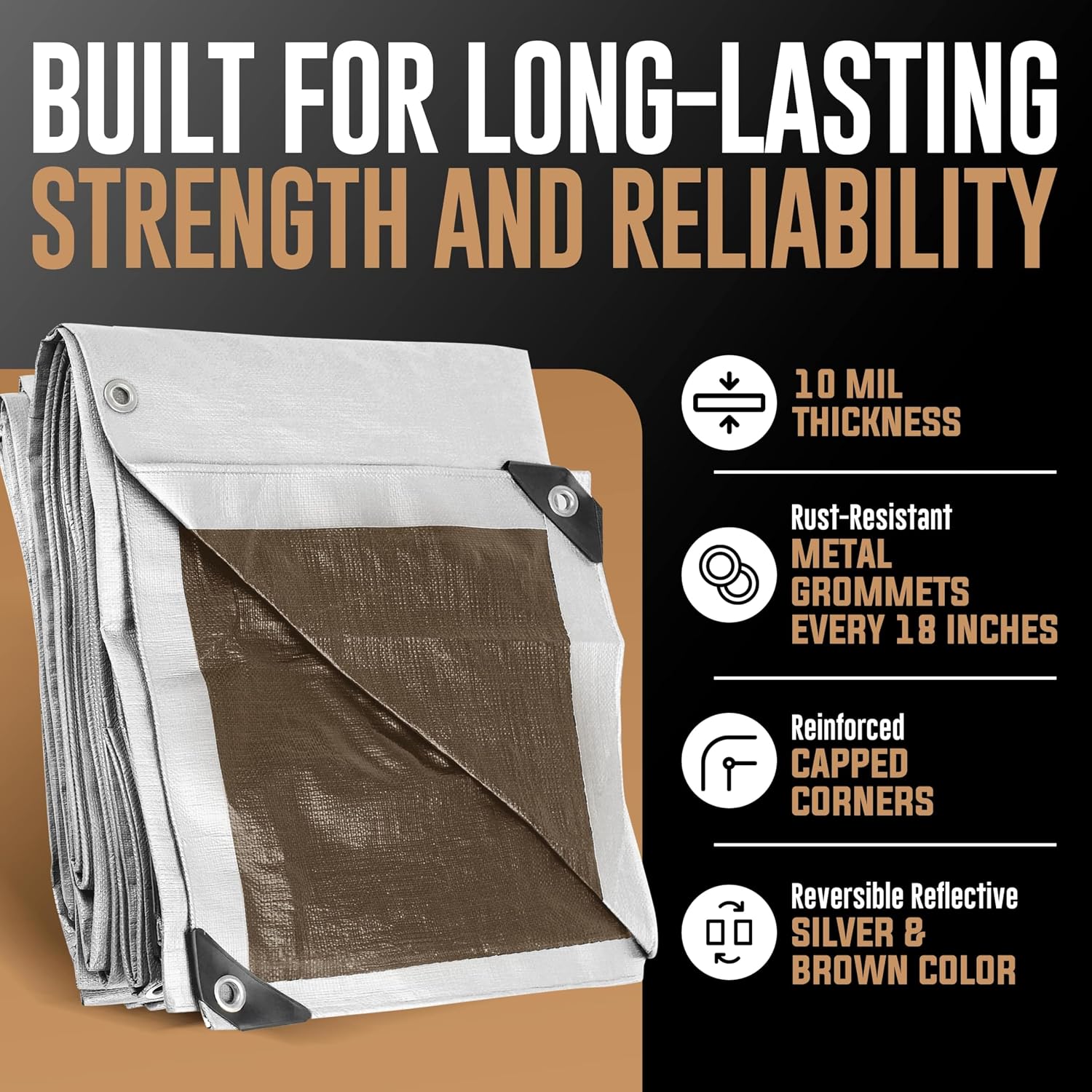 20x40 Tarp Heavy Duty, Large Tarp Waterproof - 10 Mil Extra Thick, UV Resistant, Grommets Every 18' - Outdoor Waterproof Plastic Poly Tarpaulin, Camping, Pool, House Roof Rain Cover (Silver/Brown)
