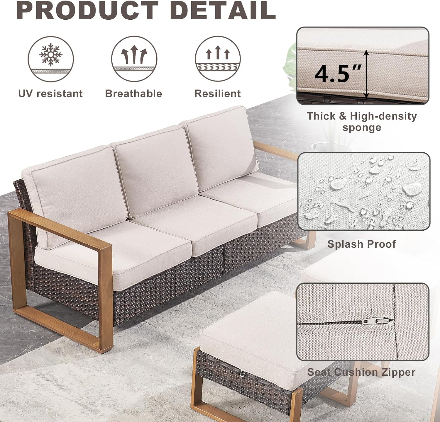 Rilyson Outdoor Couch Wicker Patio Sofa, Rattan Patio Furniture Sofa with Sturdy Frame,All-Weather PE Wicker,Wide Armrest,Deep Seating and Thick Cushions for Deck Porch Garden(Brown/Beige)